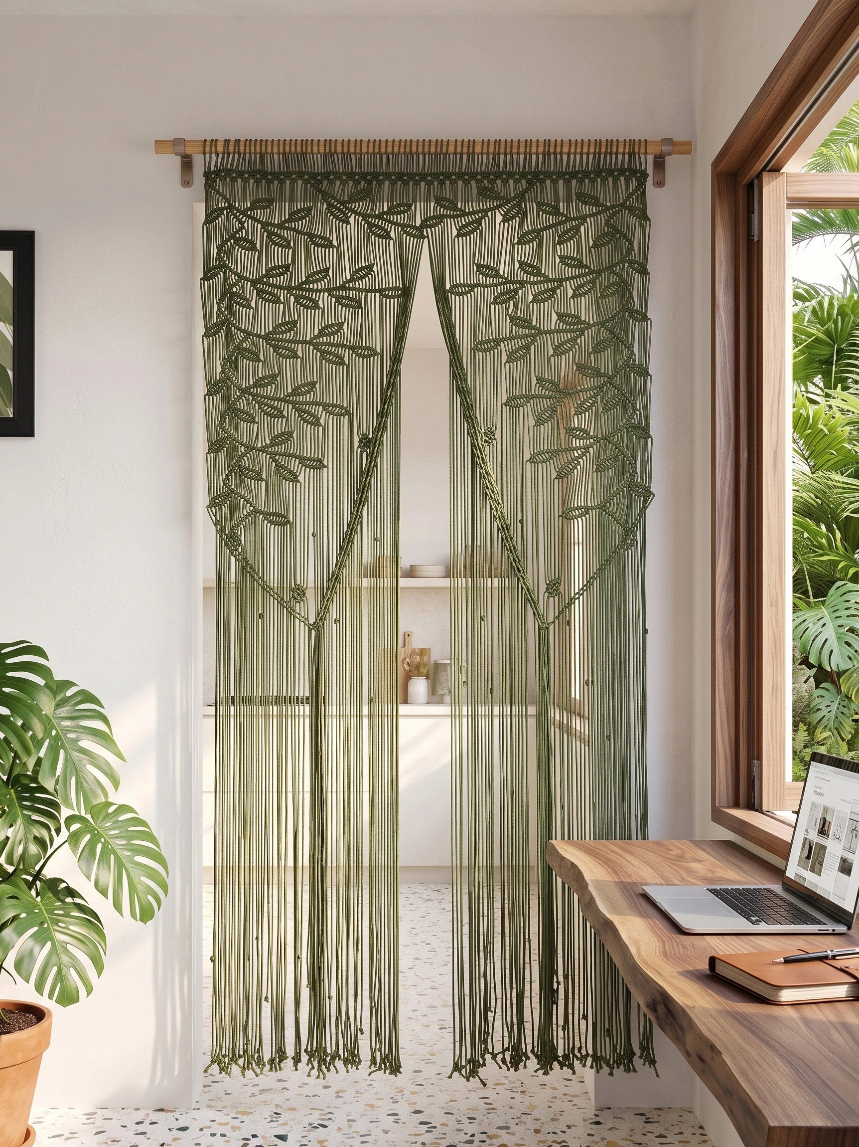 Large olive green macrame wall tapestry with botanical leaf knotting and floor-length fringe mounted on a wooden dowel.