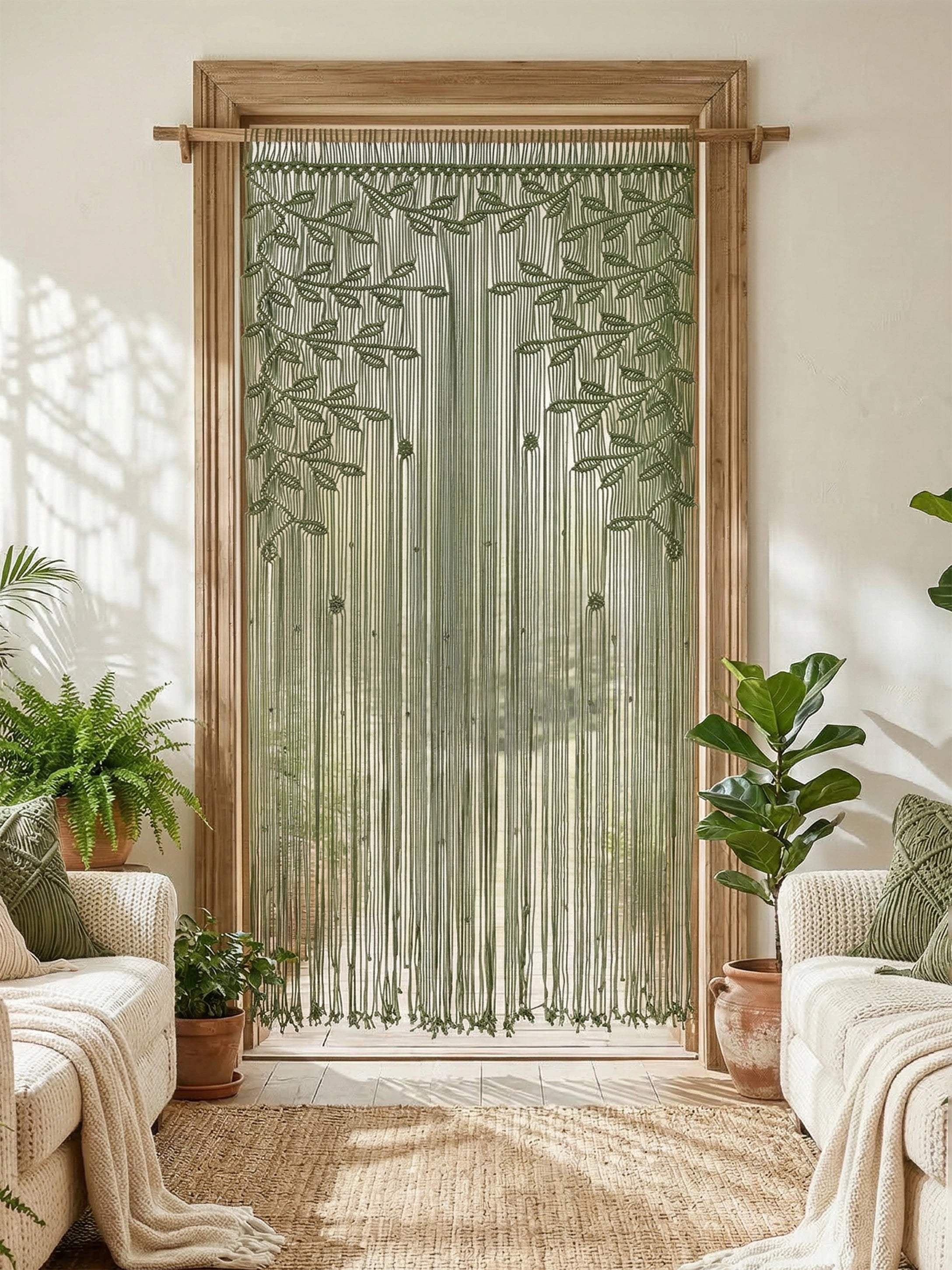 Floor-to-ceiling olive green macrame room divider styled with matching olive sofas and a mid-century coffee table.
