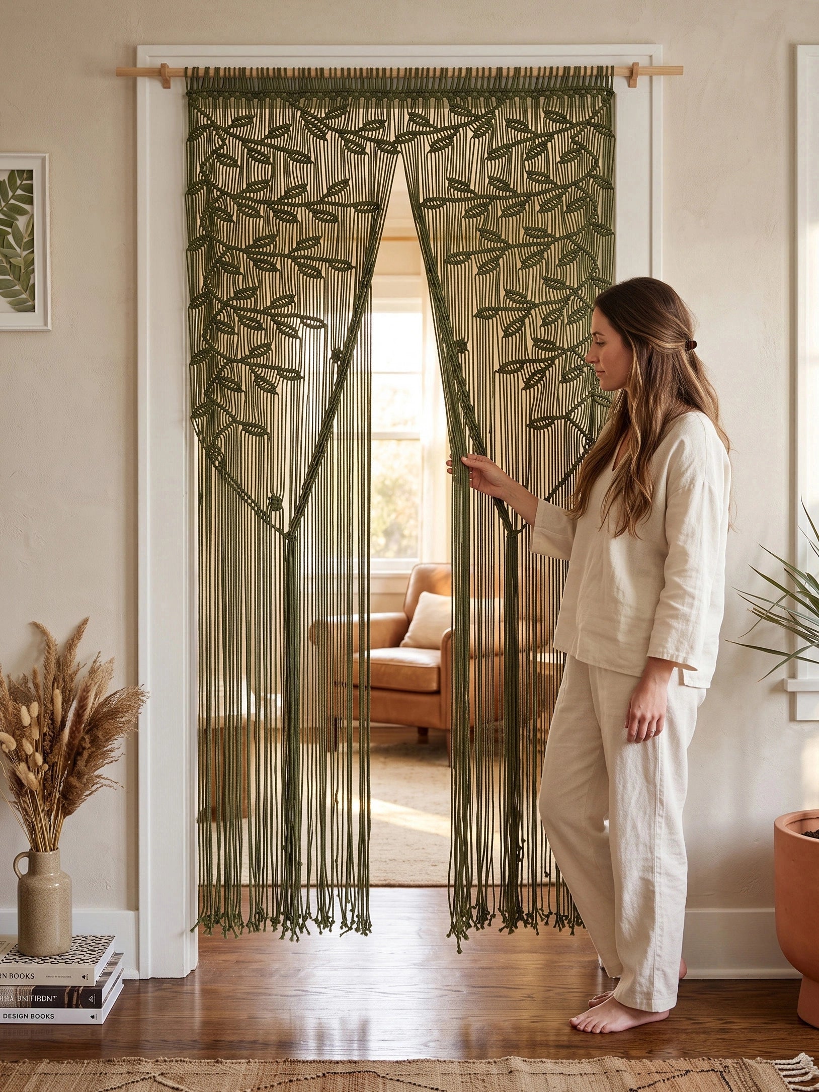 A woman in a cream pajama set stands barefoot in a doorway wearing a green beaded curtain with embroidered leaf patterns. The room has warm neutral walls, hardwood floors, and a window in the background.