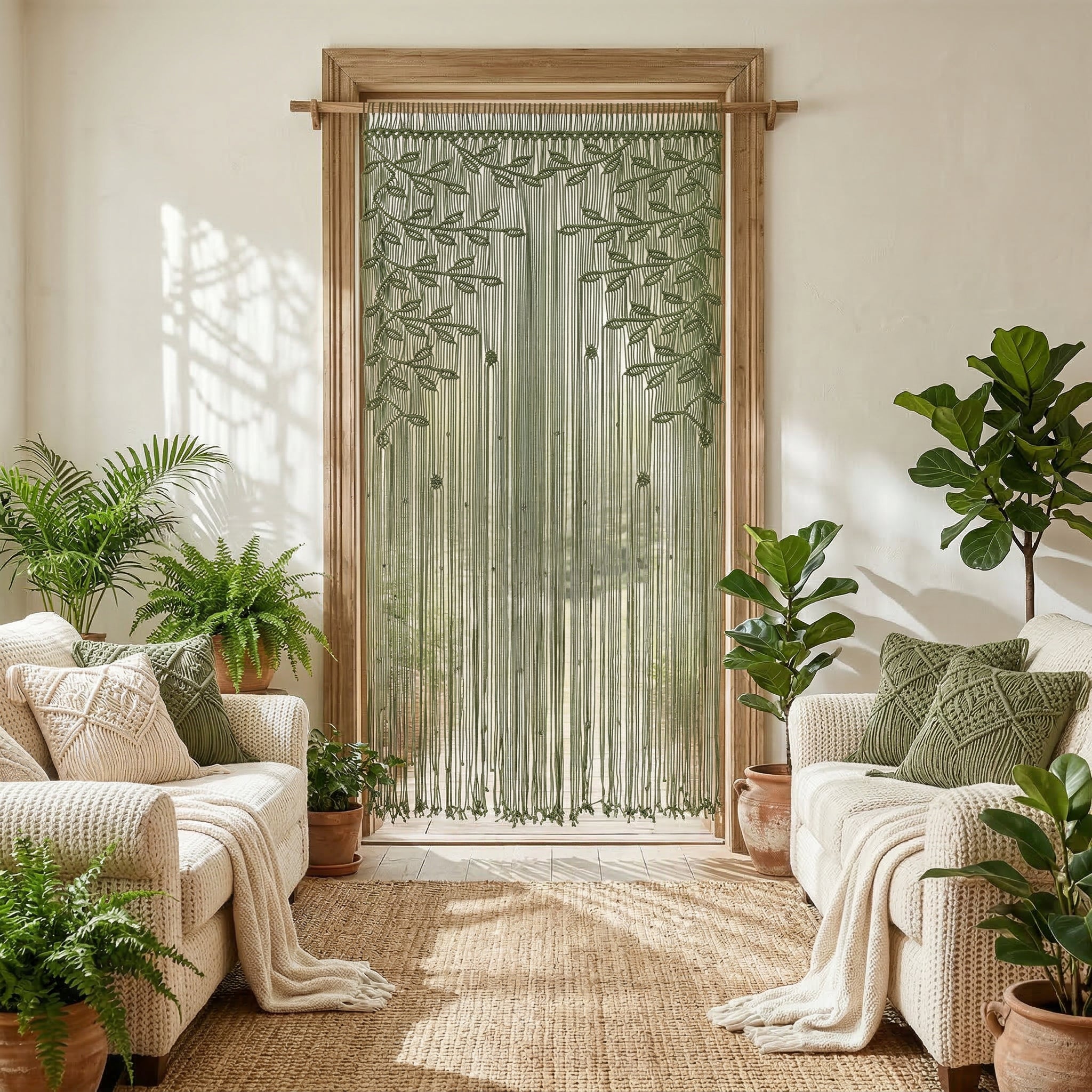 Living room with a decorative string curtain and potted plants