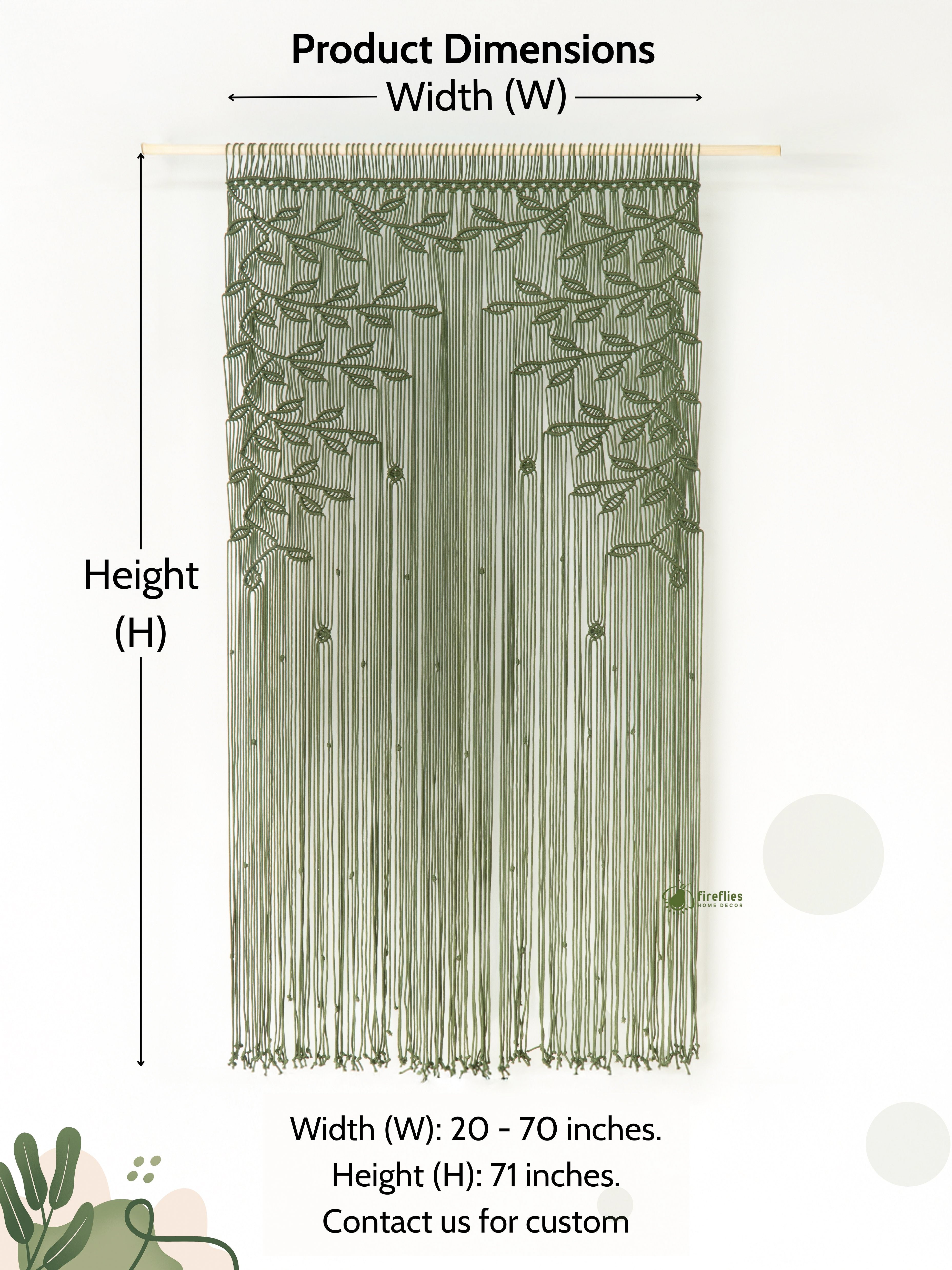 Green string curtain with dimensions labeled on a white background