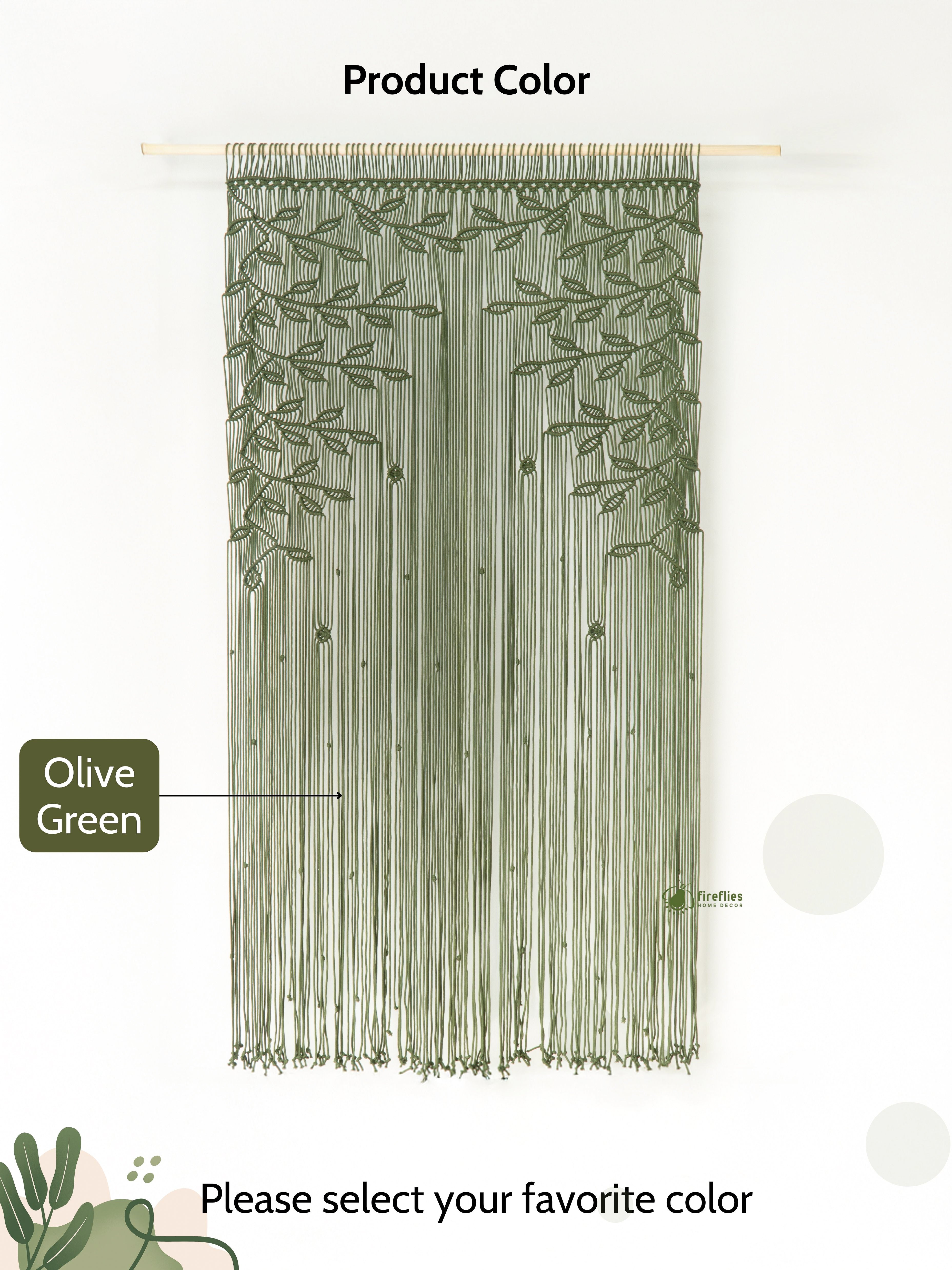 Olive green string curtain with leaf pattern on a white background