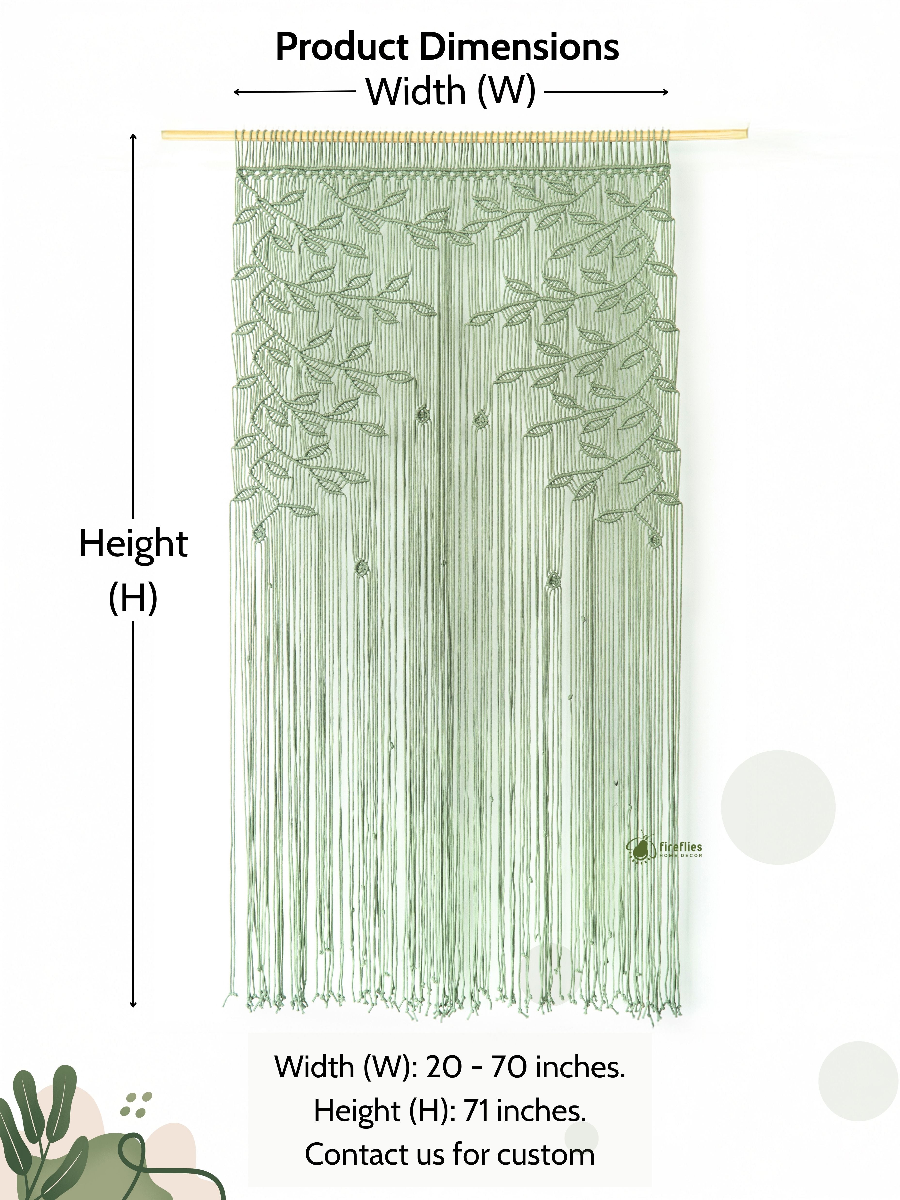 Green string curtain with dimensions labeled on a white background