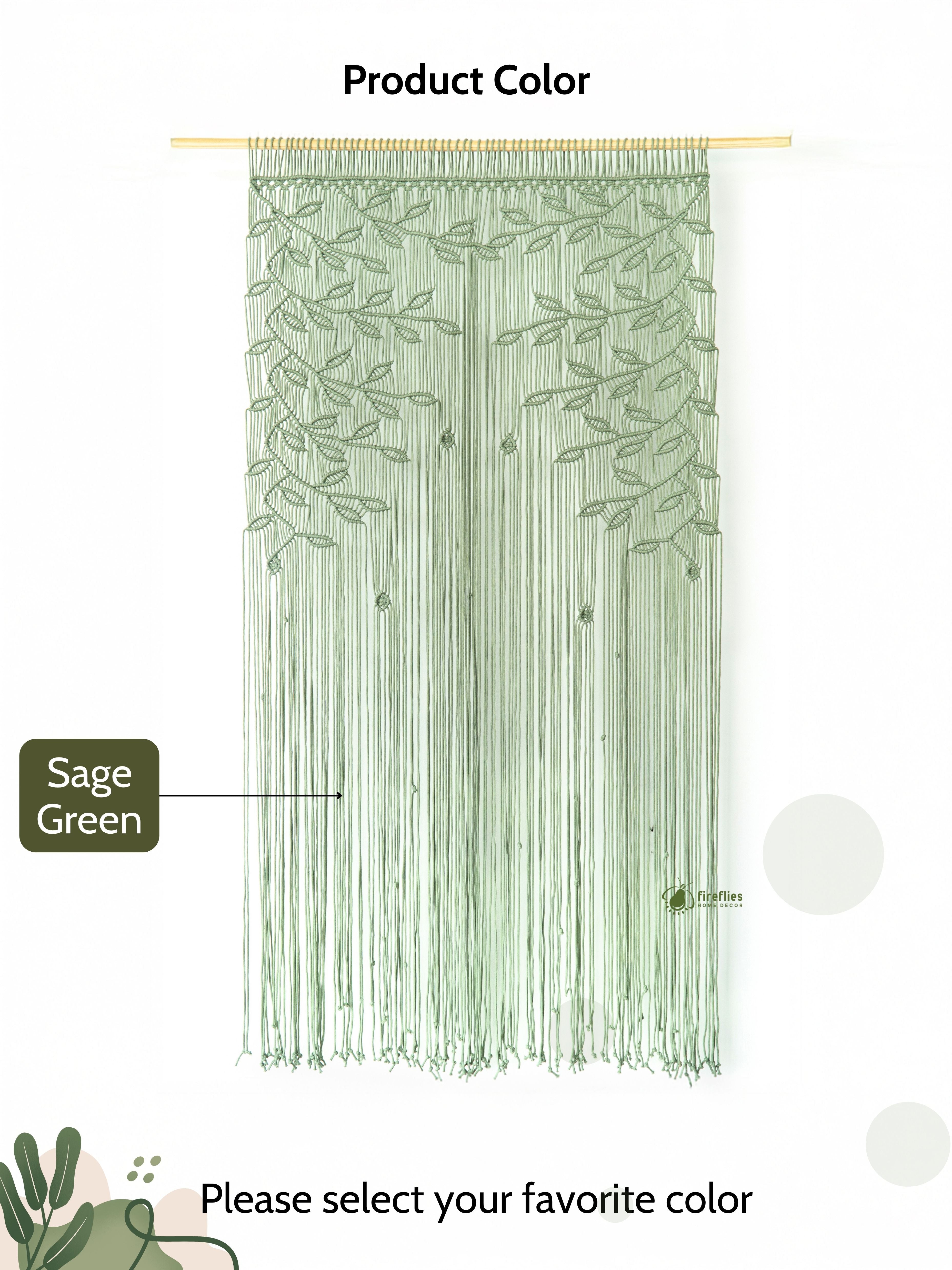 Sage green string curtain with leaf pattern on a white background