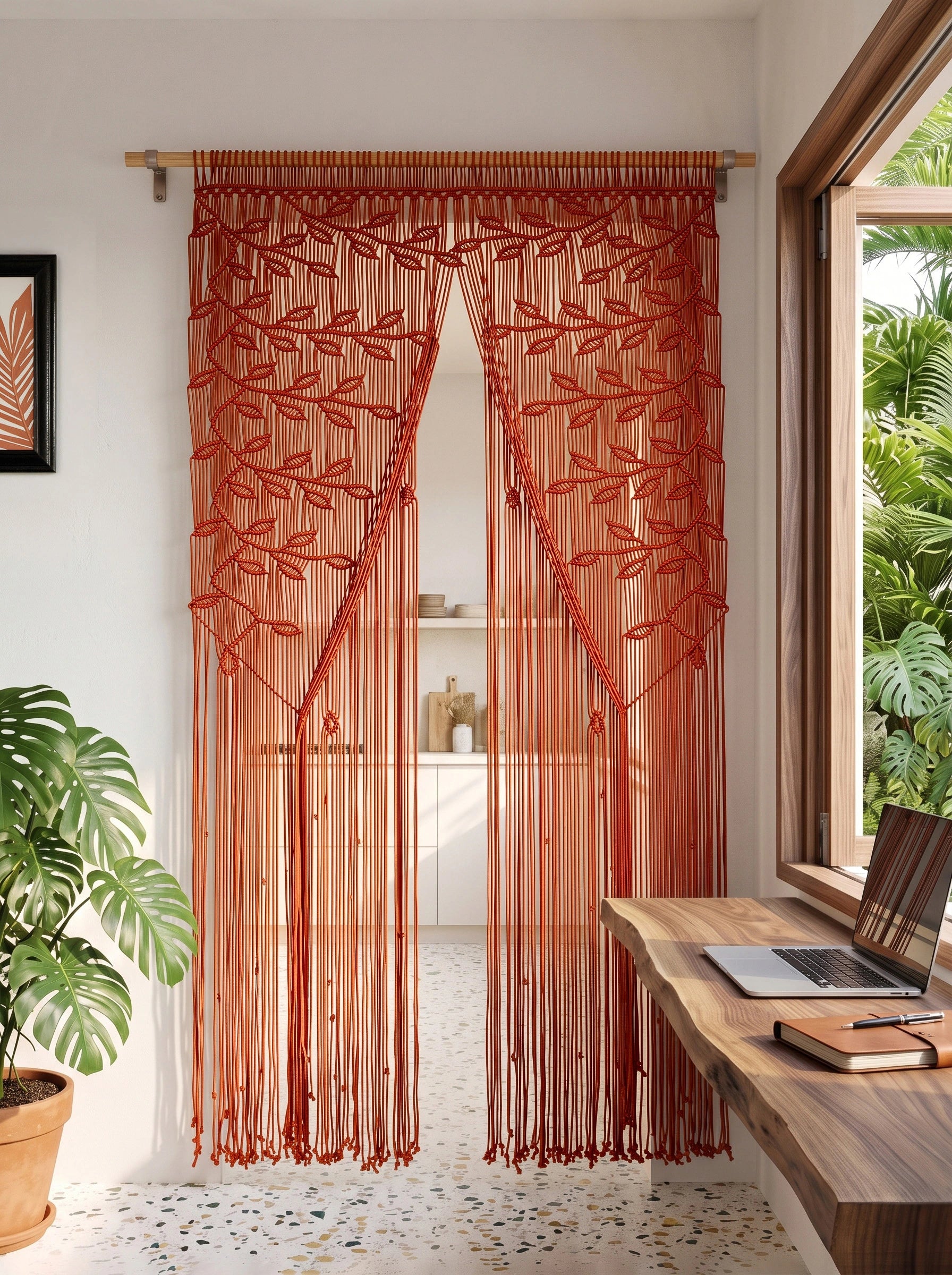 A brown beaded curtain with embroidered leaf patterns hangs in front of a doorway in a bright, modern room with a wooden desk, laptop, and potted plant.