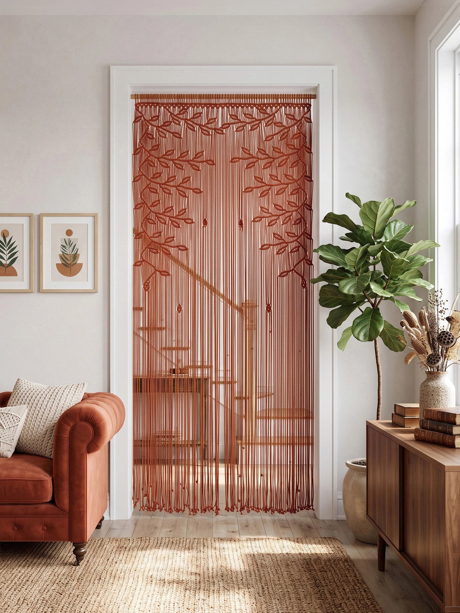 A rust-orange string curtain with a leaf pattern hanging in a doorway, styled in a bright, modern living room with a terracotta sofa, wooden cabinet, and potted plant.