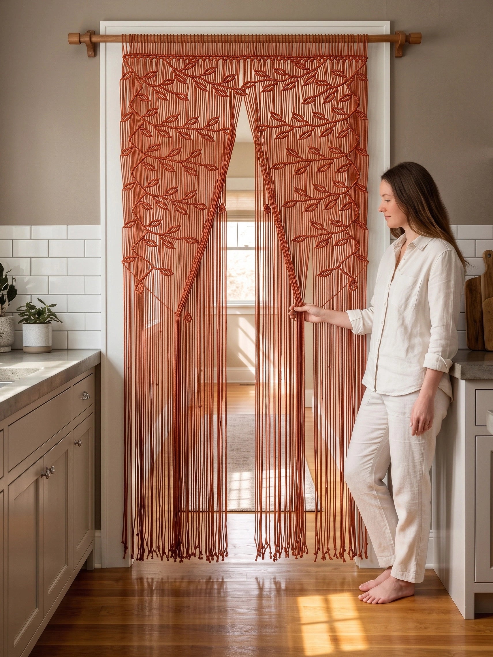 A woman in a white pajama set stands barefoot in a kitchen doorway holding open a rust-orange beaded curtain with embroidered leaf patterns. The kitchen features light wood cabinets, a white subway tile backsplash, and hardwood floors.