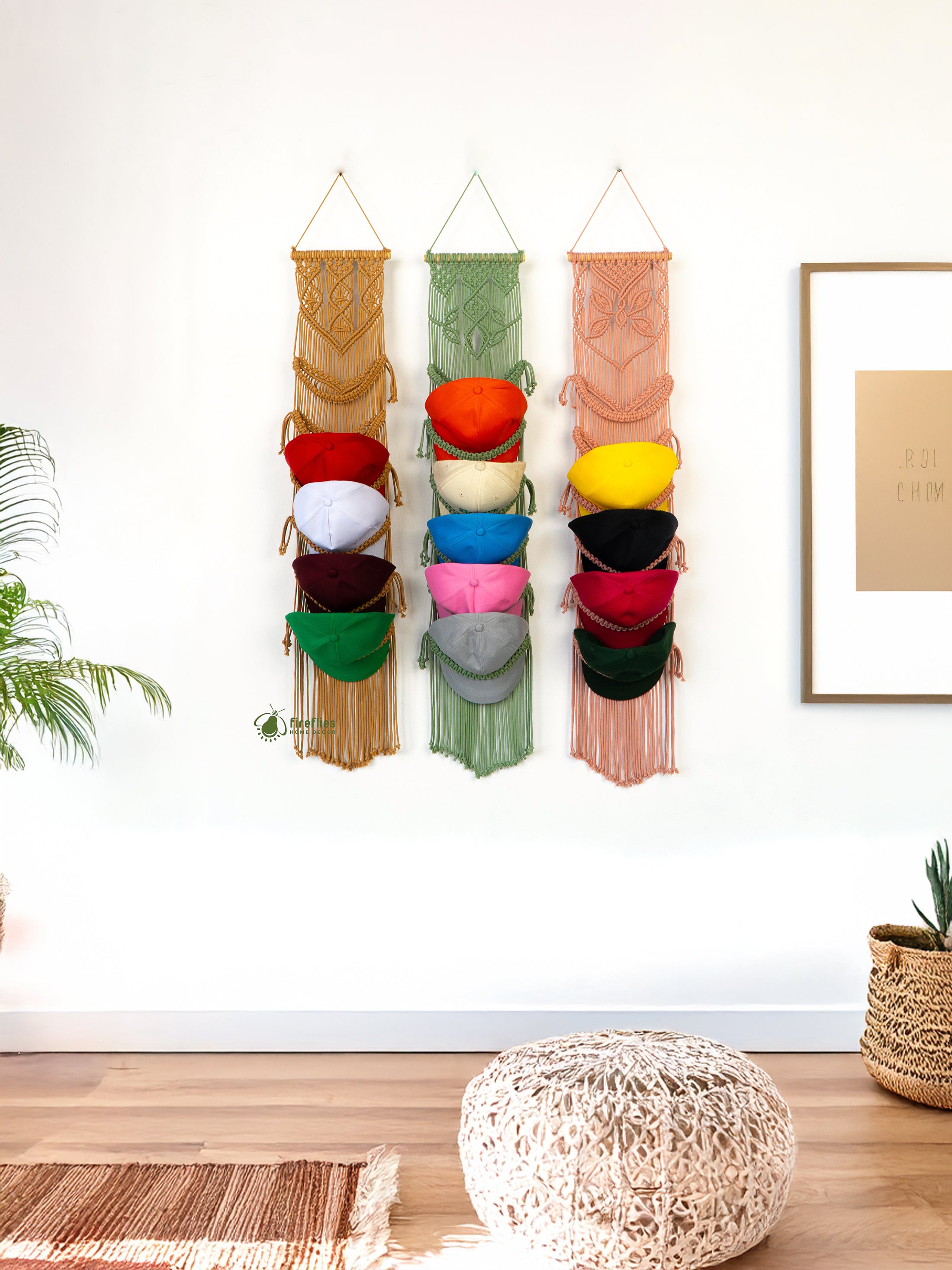 Colorful wall organizer with hats hanging on a white wall.
