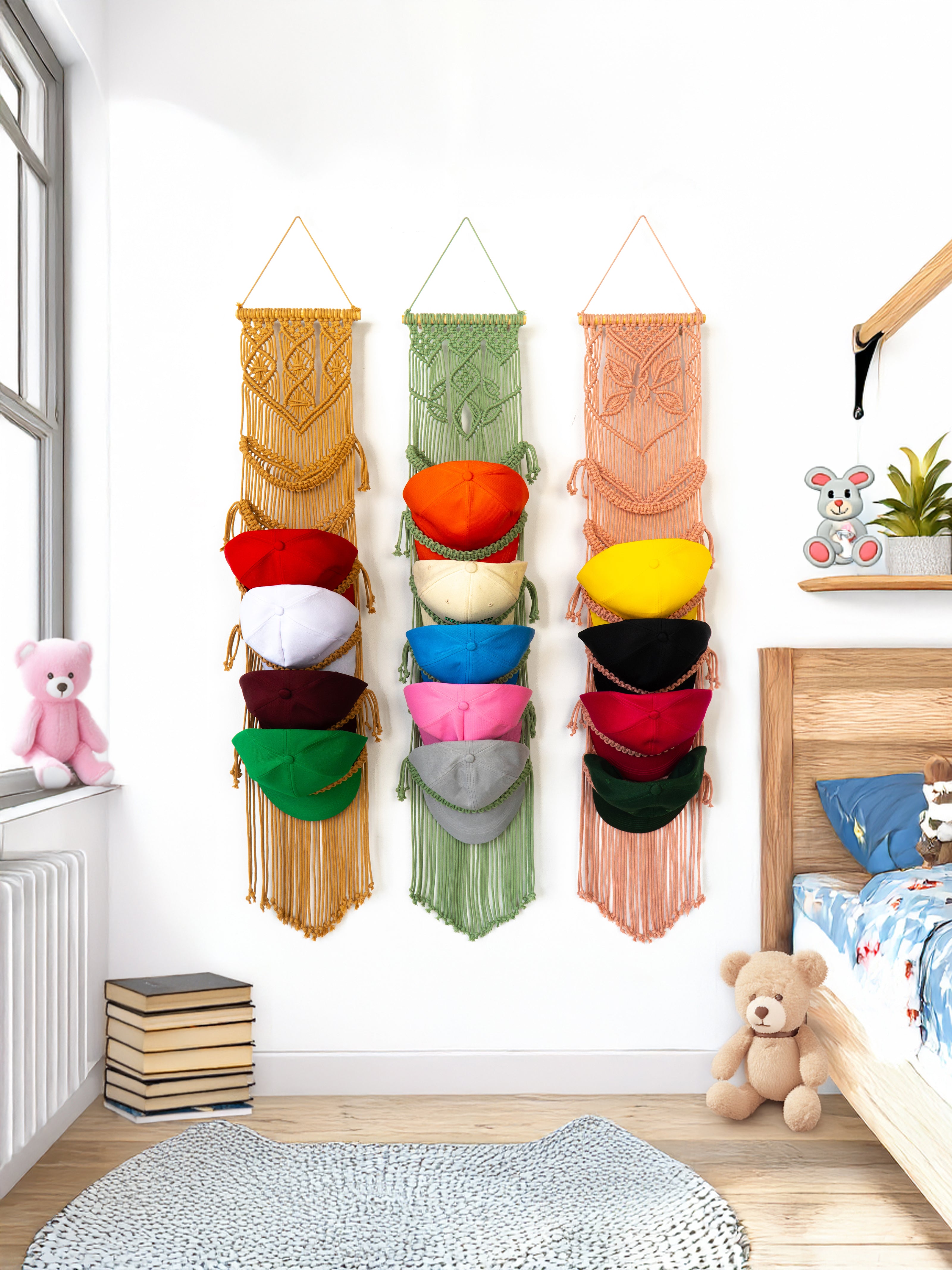 Colorful wall hanging organizer in a room with toys and books.