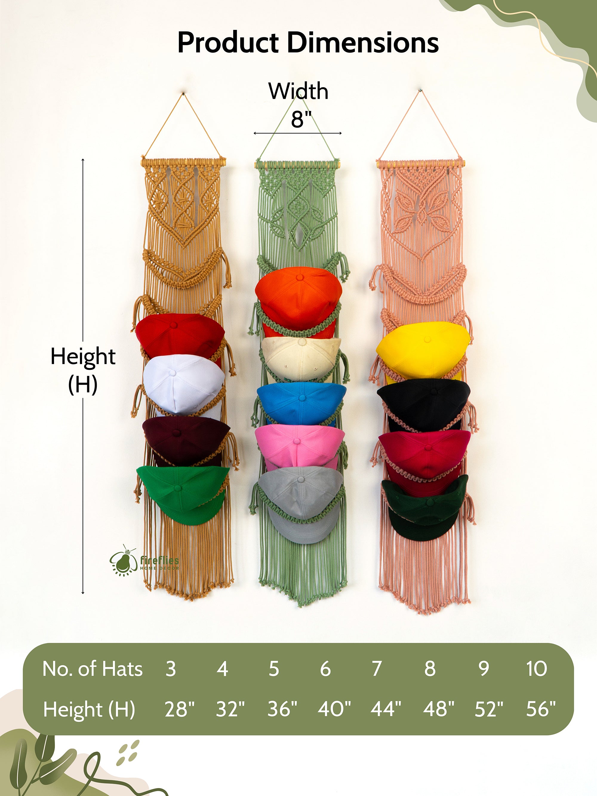 Colorful hat organizer with dimensions and number of hats capacity on a white background