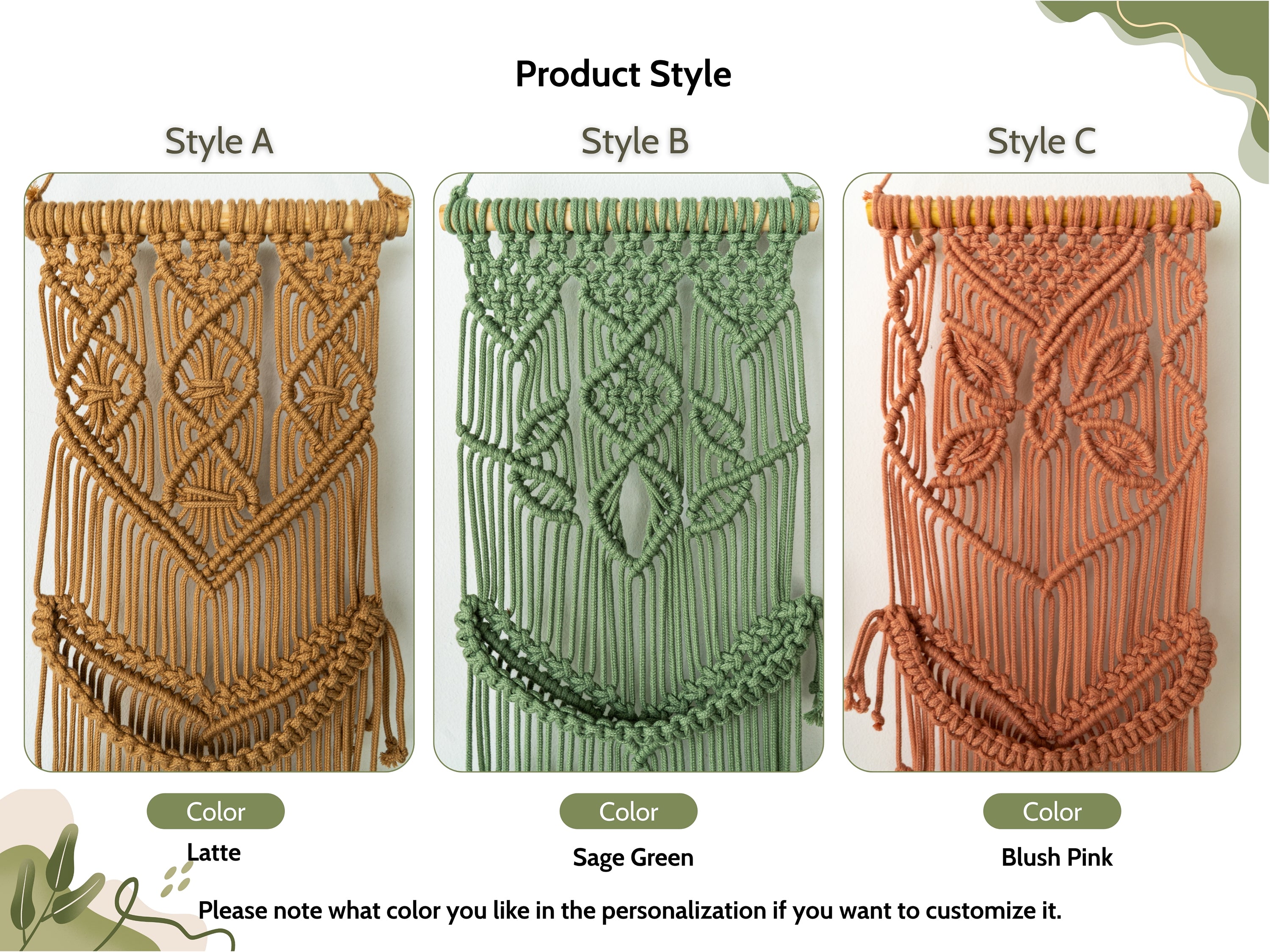 Three macrame wall hangings with different styles and colors on a white background.