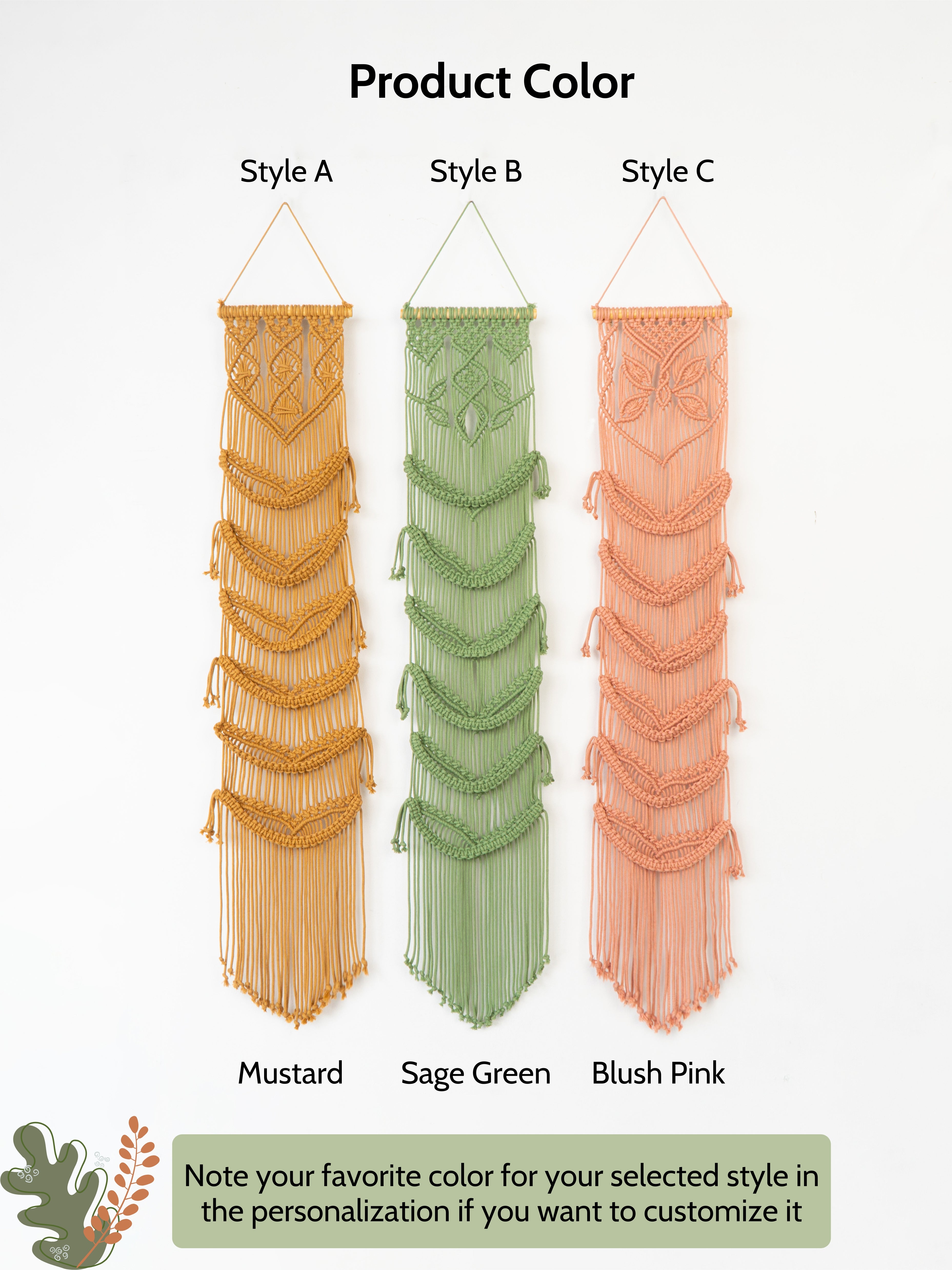 Three macrame wall hangings in different colors with labels for customization.