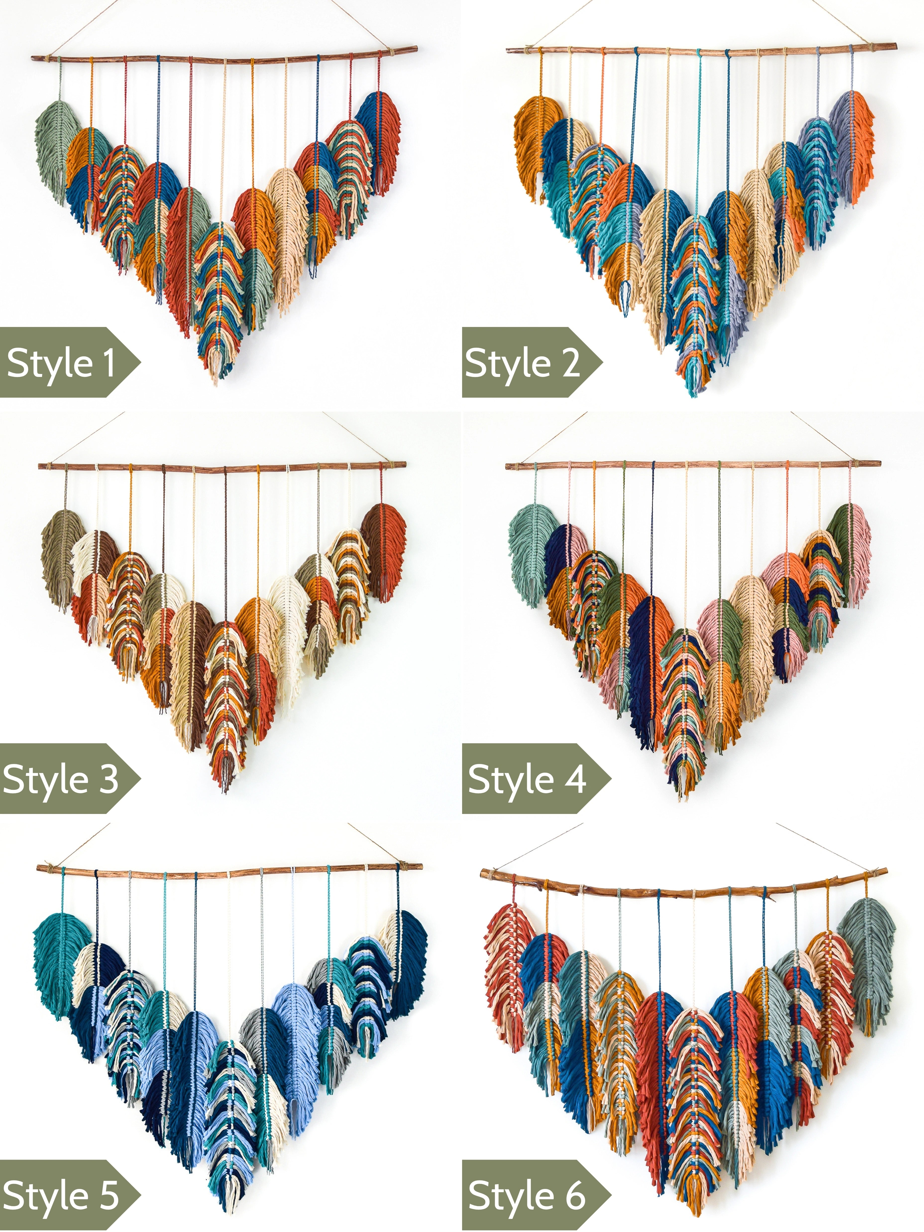 Set of six colorful feather wall art pieces in different styles on a white background.