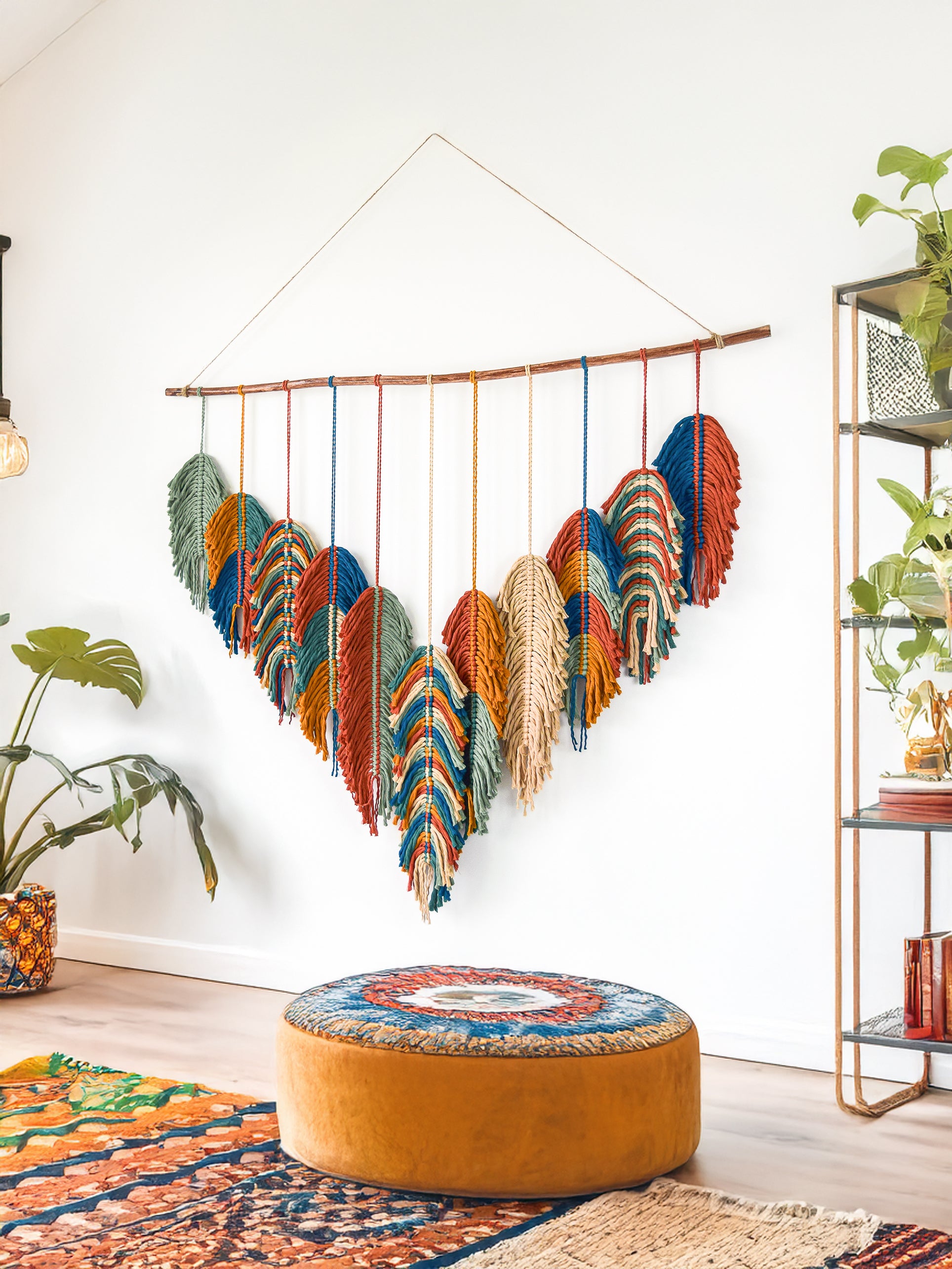 Colorful wall hanging with feathers in a room with plants and a rug.