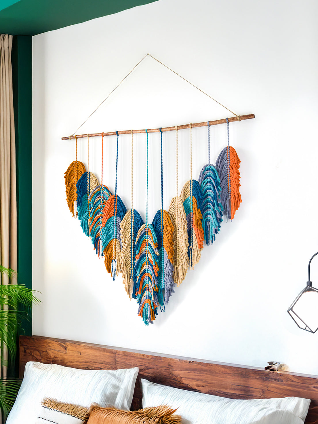 Wide boho window valance, intricate macrame leaf pattern, ideal for a bedroom