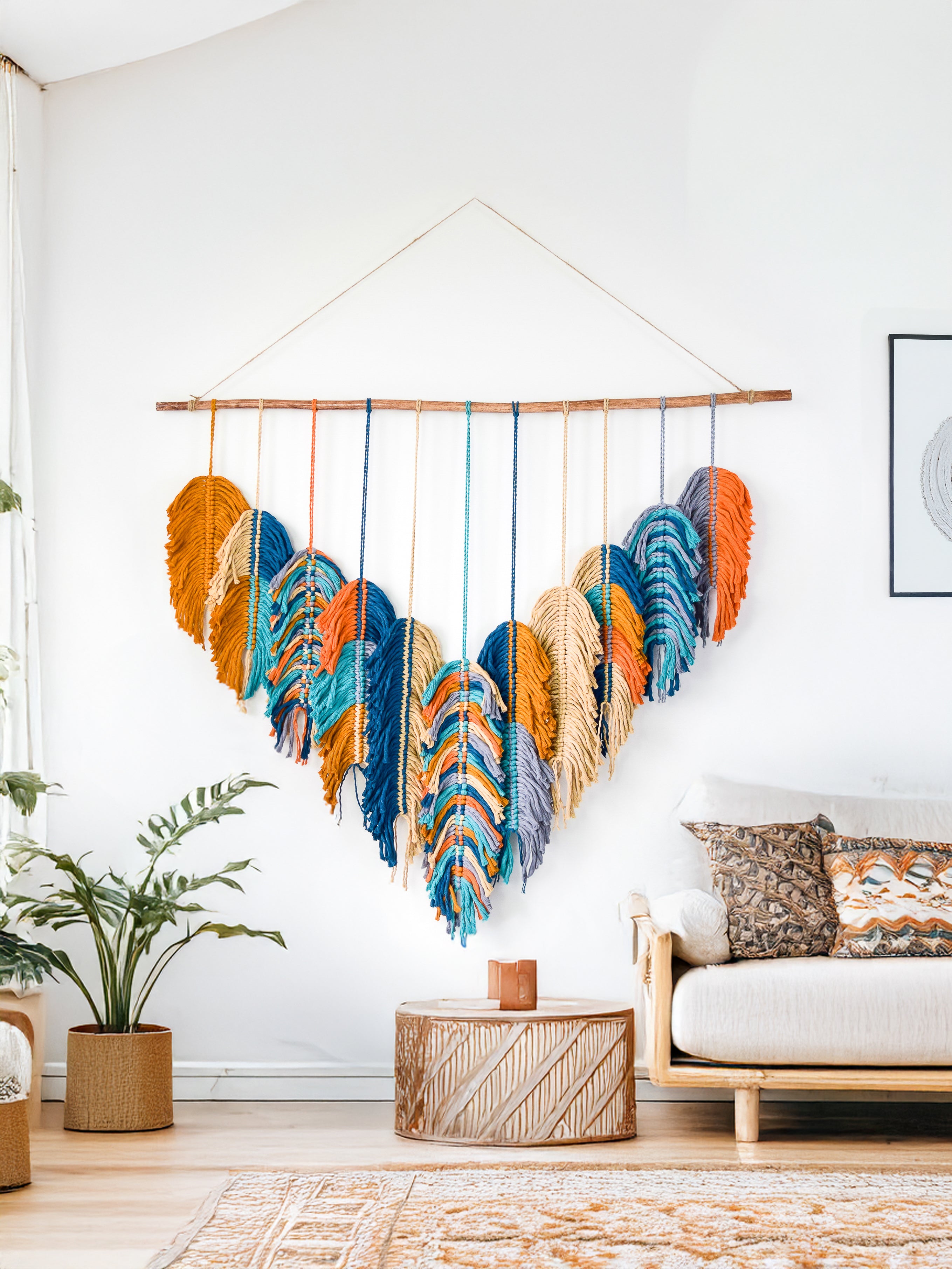 Handcrafted macrame leaf tapestry, rich Dark Green color, organic textured design.