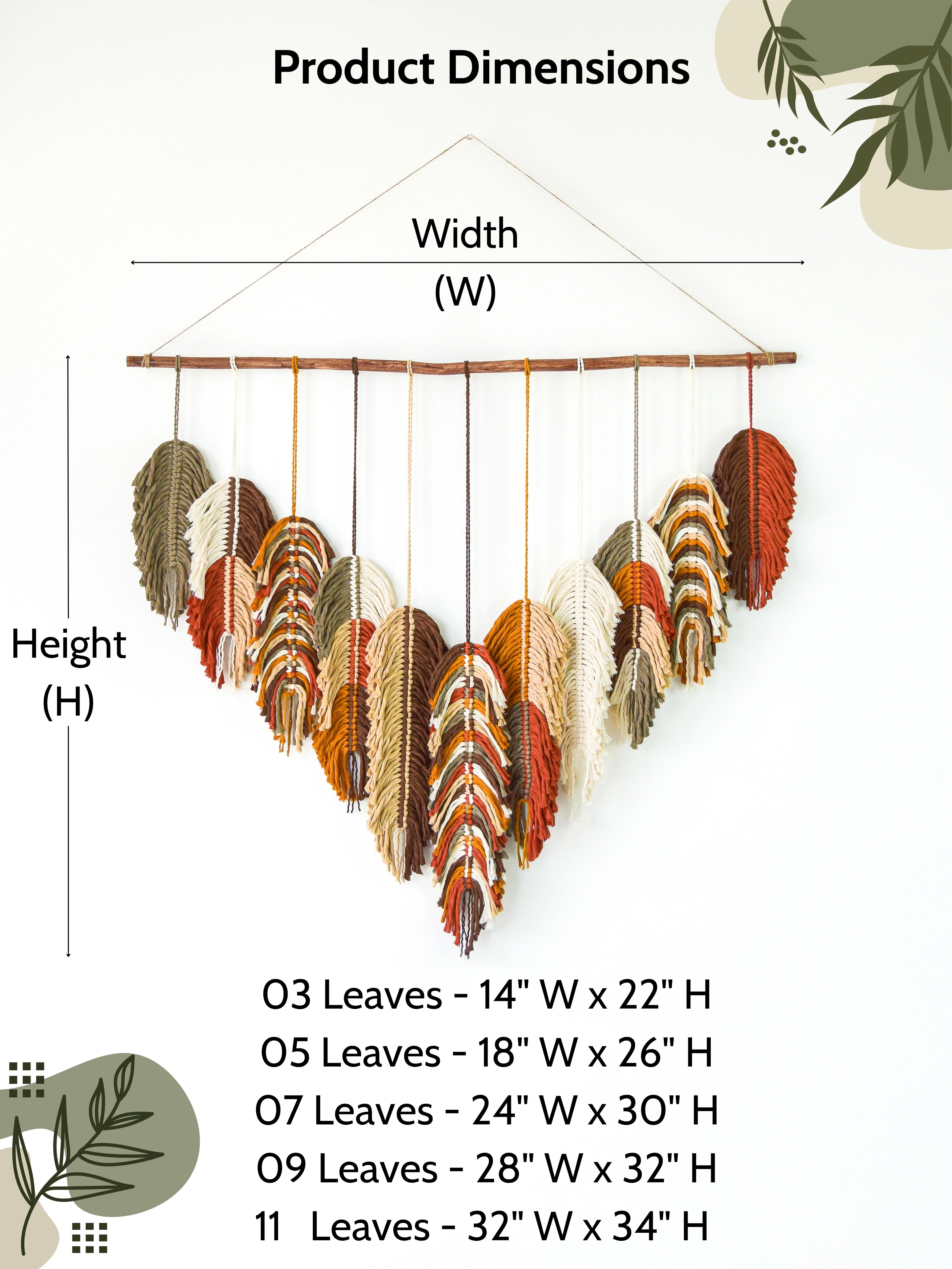 Decorative wall hanging with leaves and measurement chart on a white background