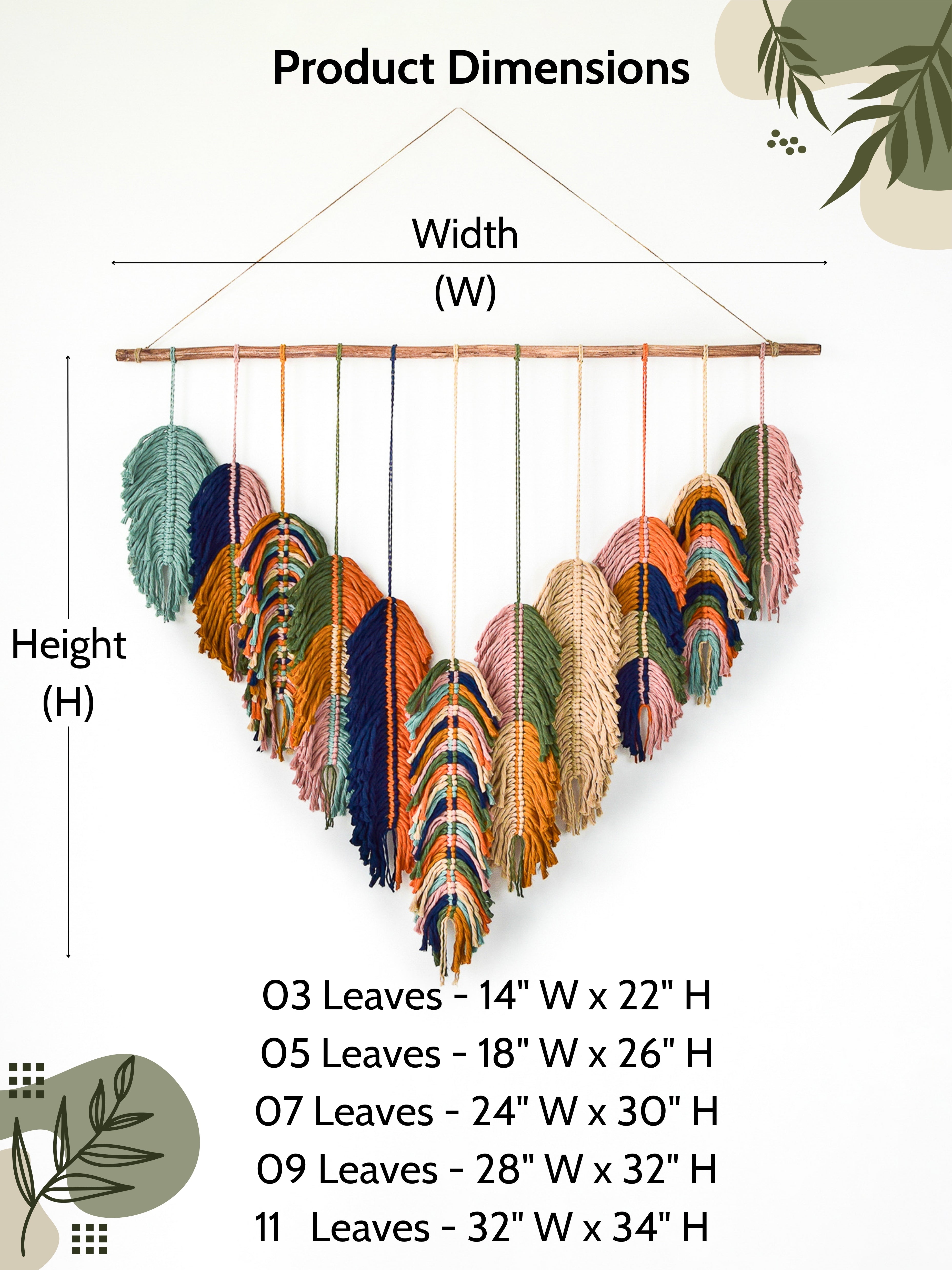 Colorful leaf-shaped hanging decor with dimensions on a white background