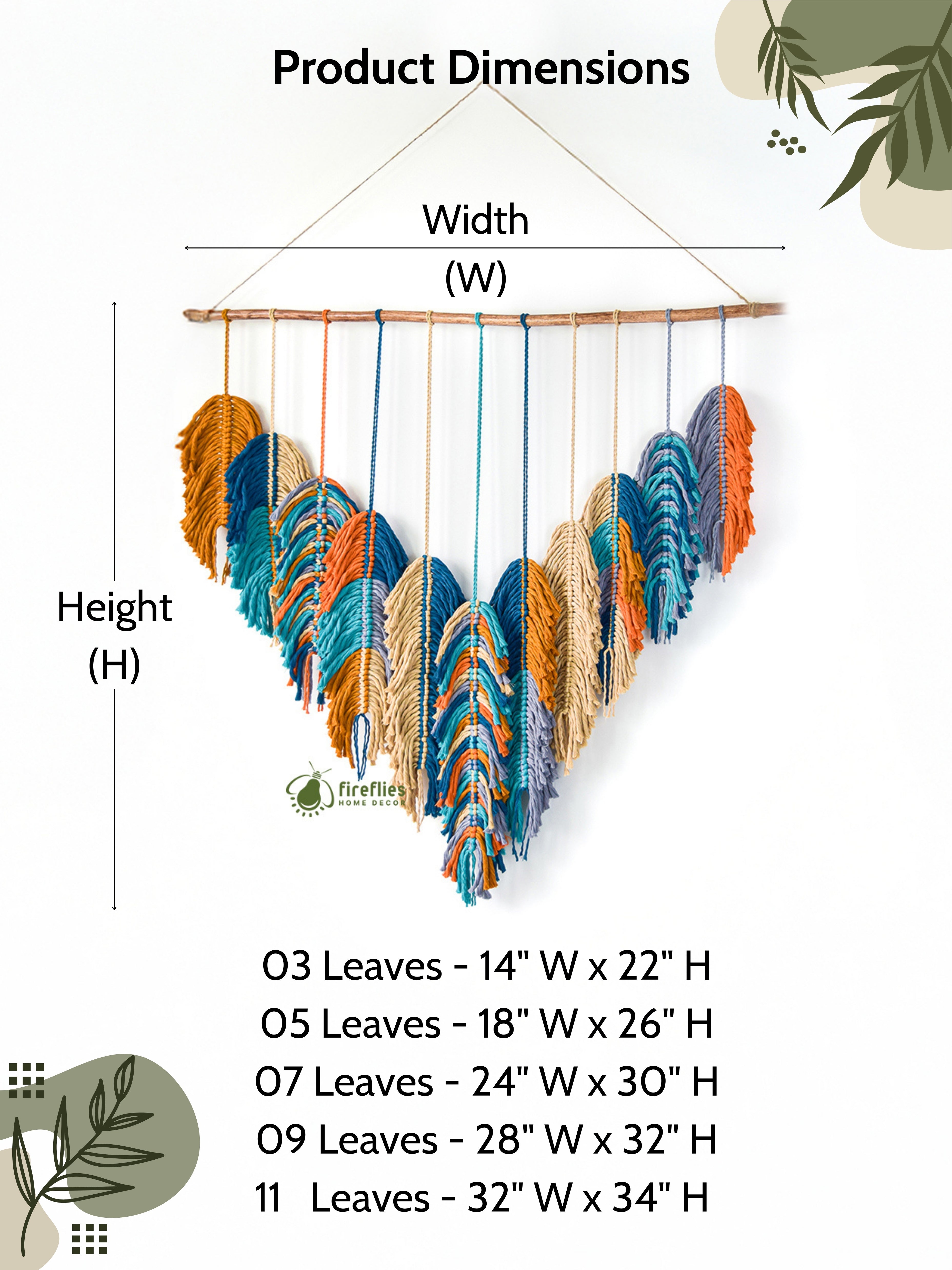 Feathered wall hanging with dimensions labeled on a white background