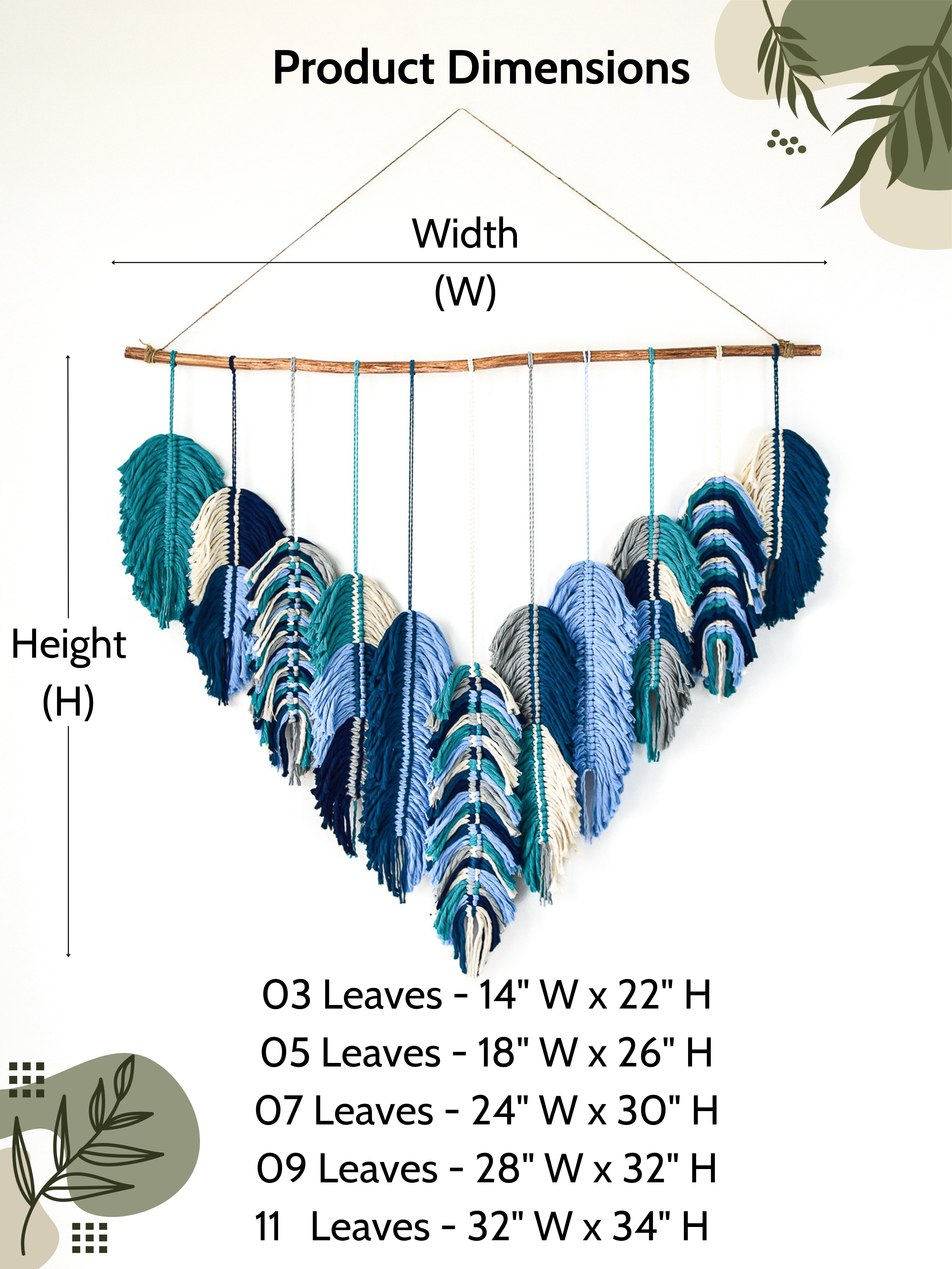 Decorative wall hanging with leaf-shaped elements and product dimensions on a white background.