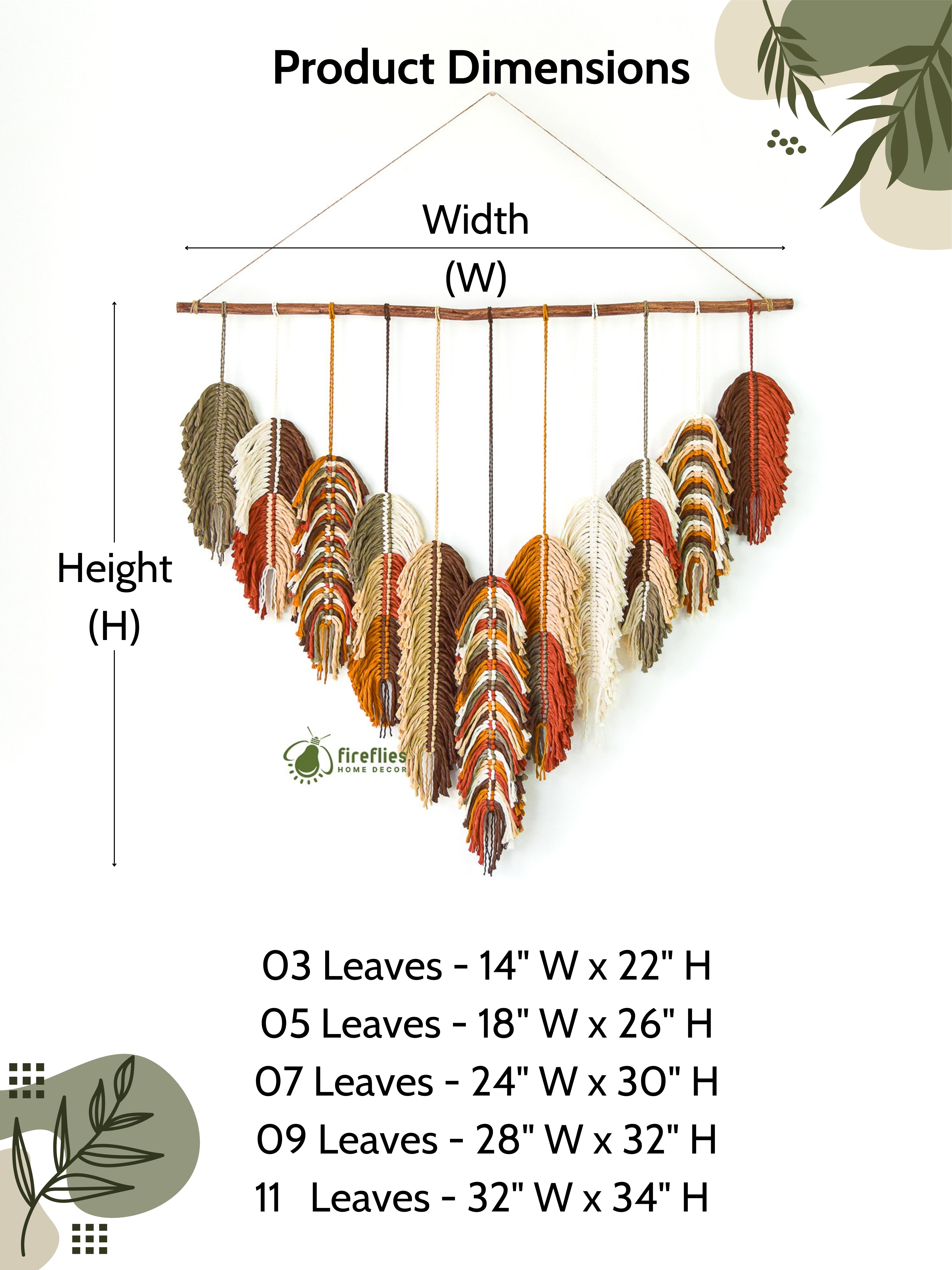 Feather wall decoration with measurement chart on a white background