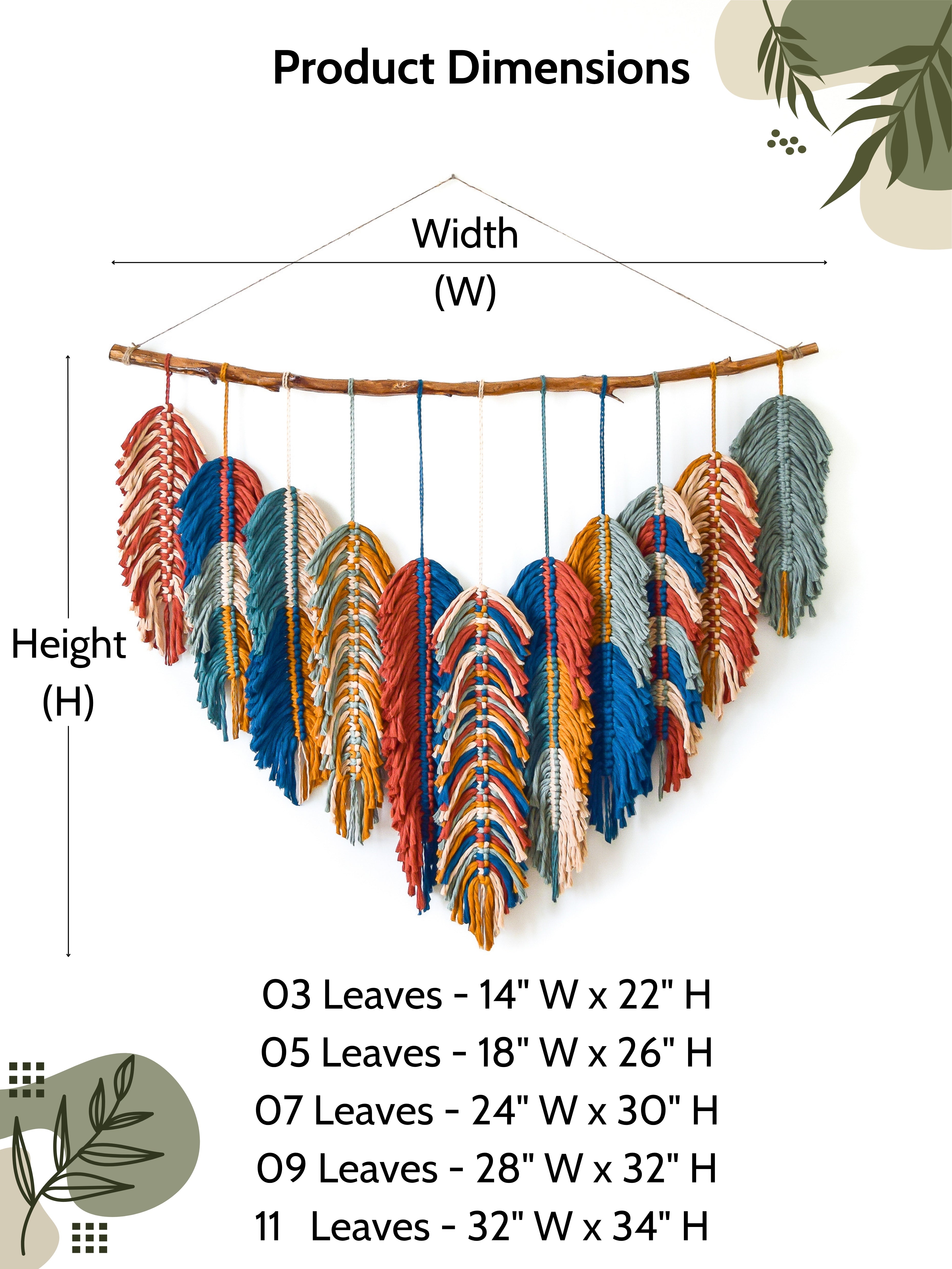 Decorative wall hanging with colorful leaves and measurement chart on a white background