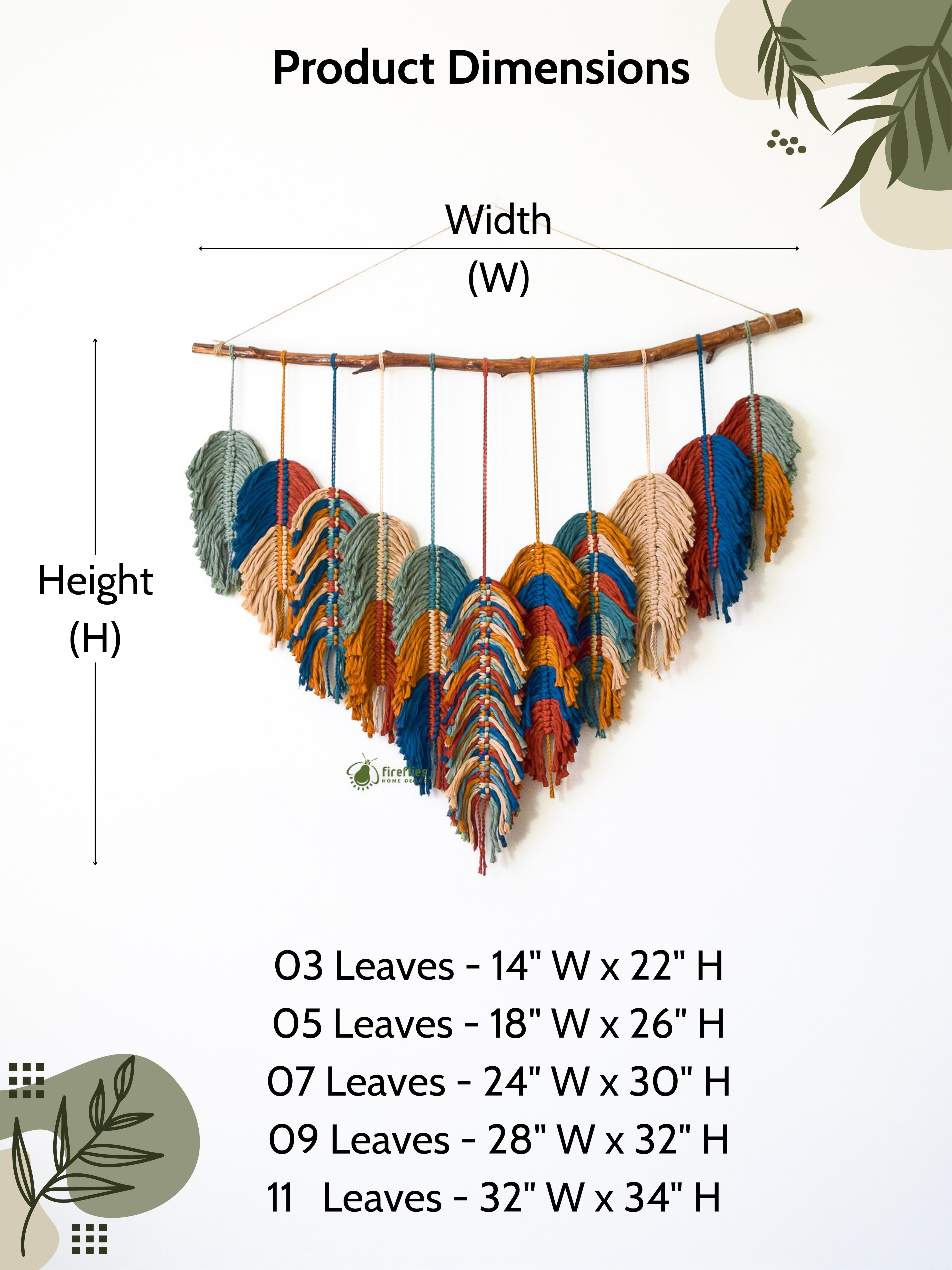 Colorful leaf-shaped decorative item with dimensions on a white background