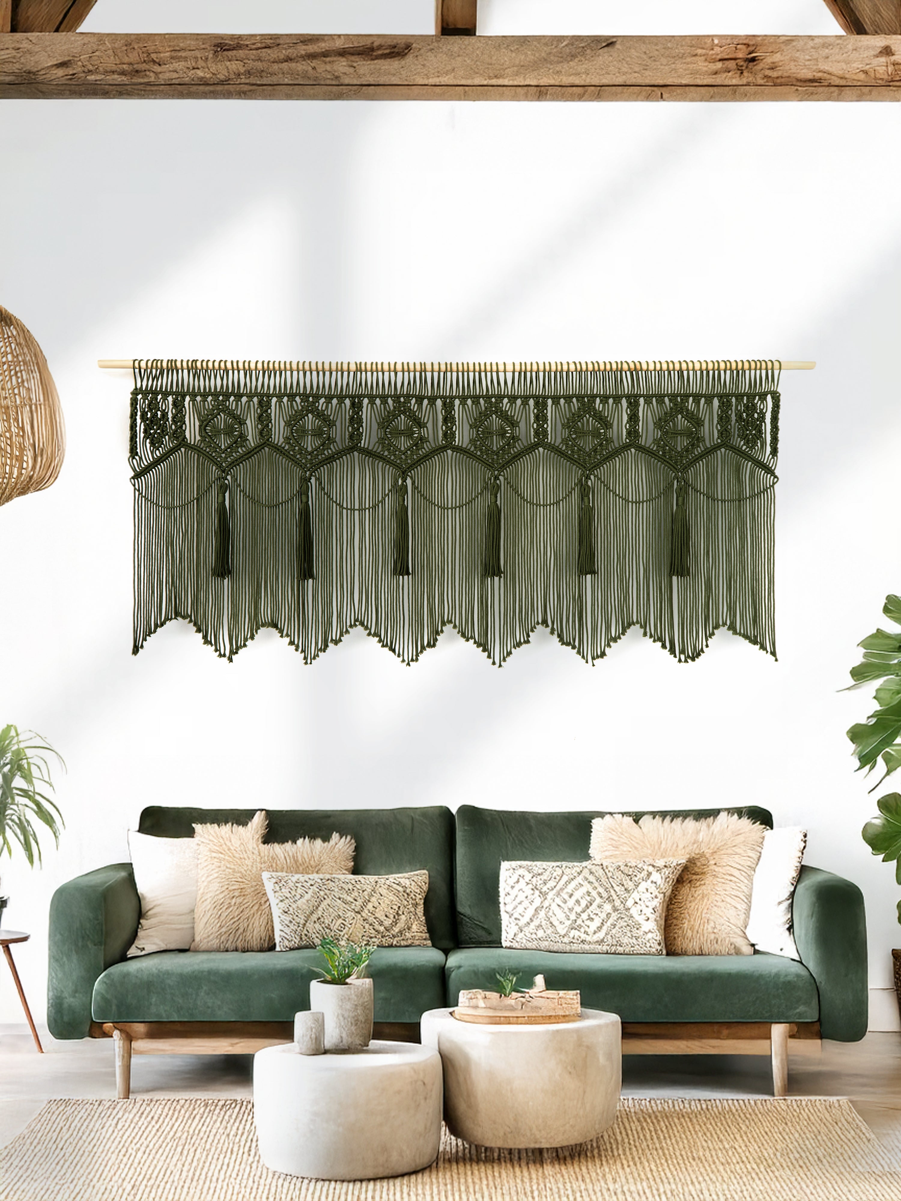 Tassel Green Boho Macrame Window Curtain
