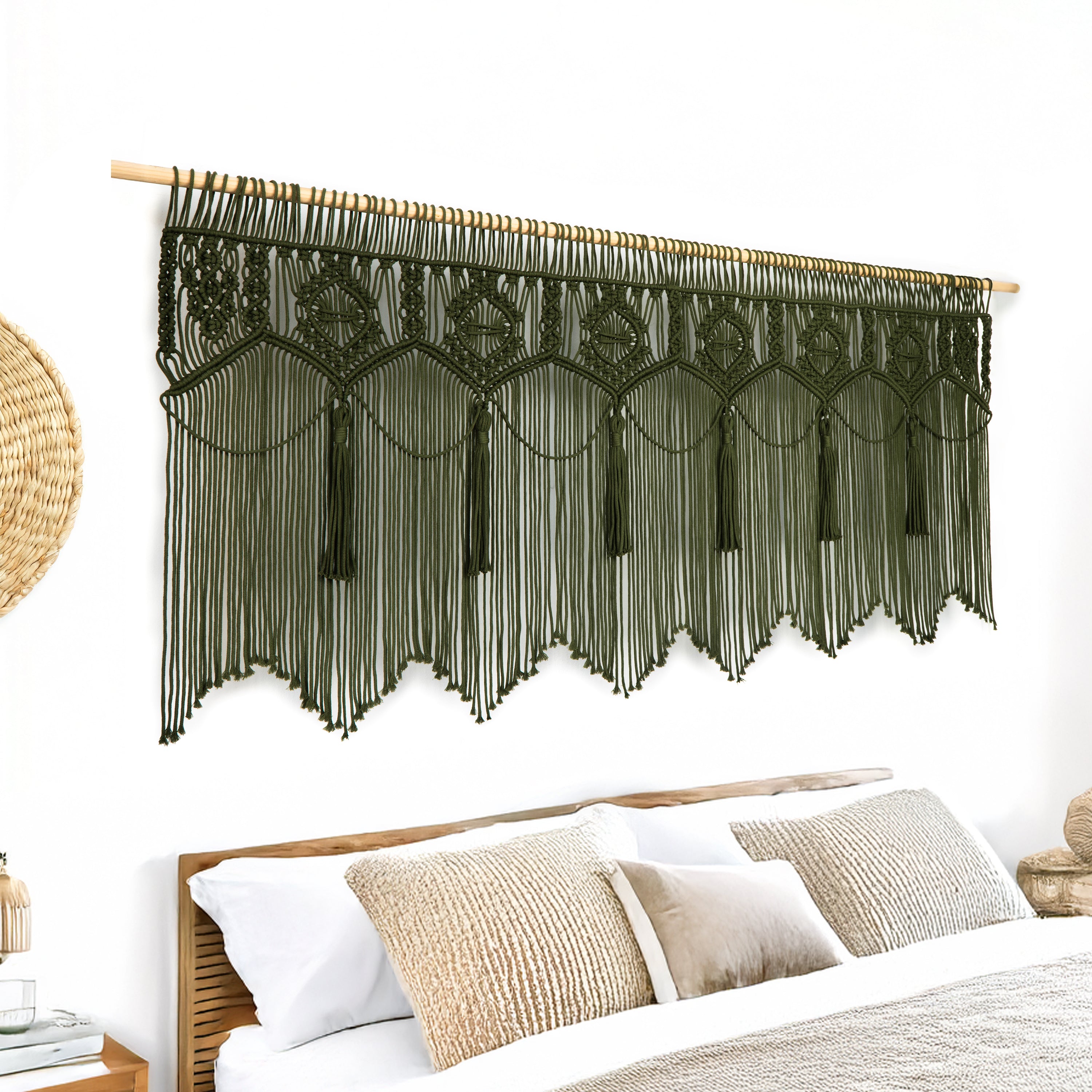 Decorative wall hanging with geometric pattern on a white wall.