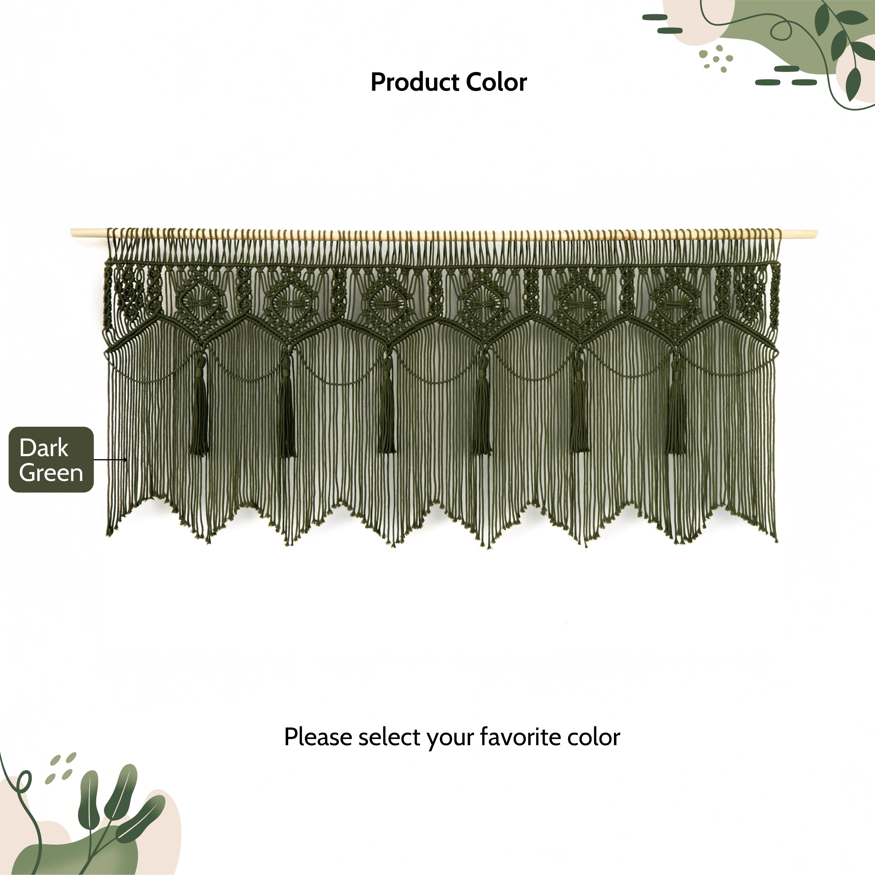Dark green decorative valance with tassels on a white background