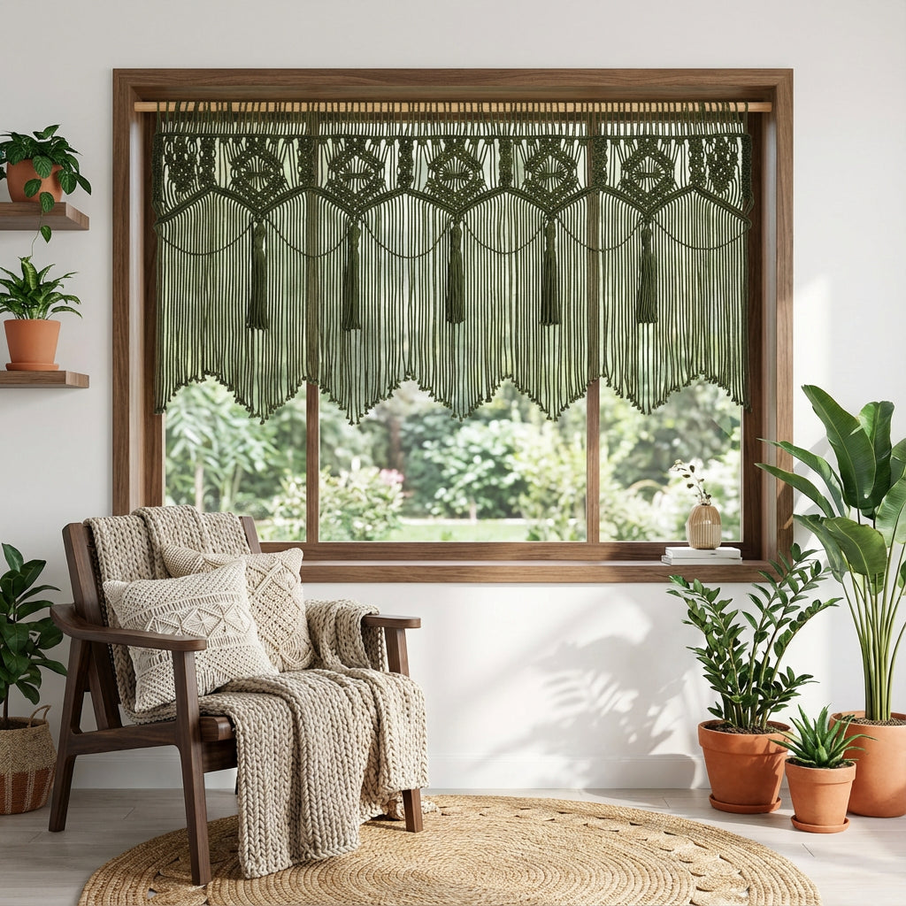 Living room with a macrame curtain, wooden armchair, and potted plants.