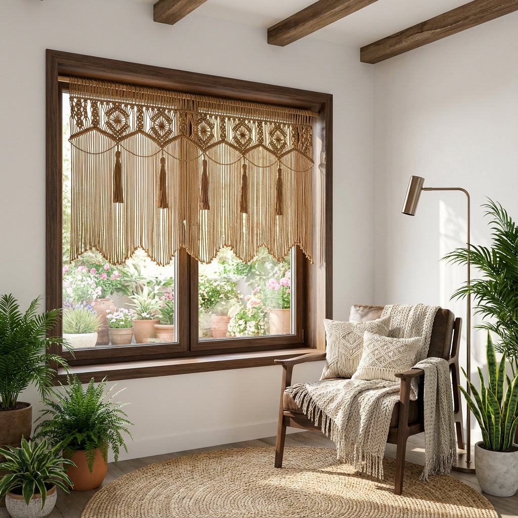 Living room with a window featuring decorative curtains, a wooden bench, and potted plants.