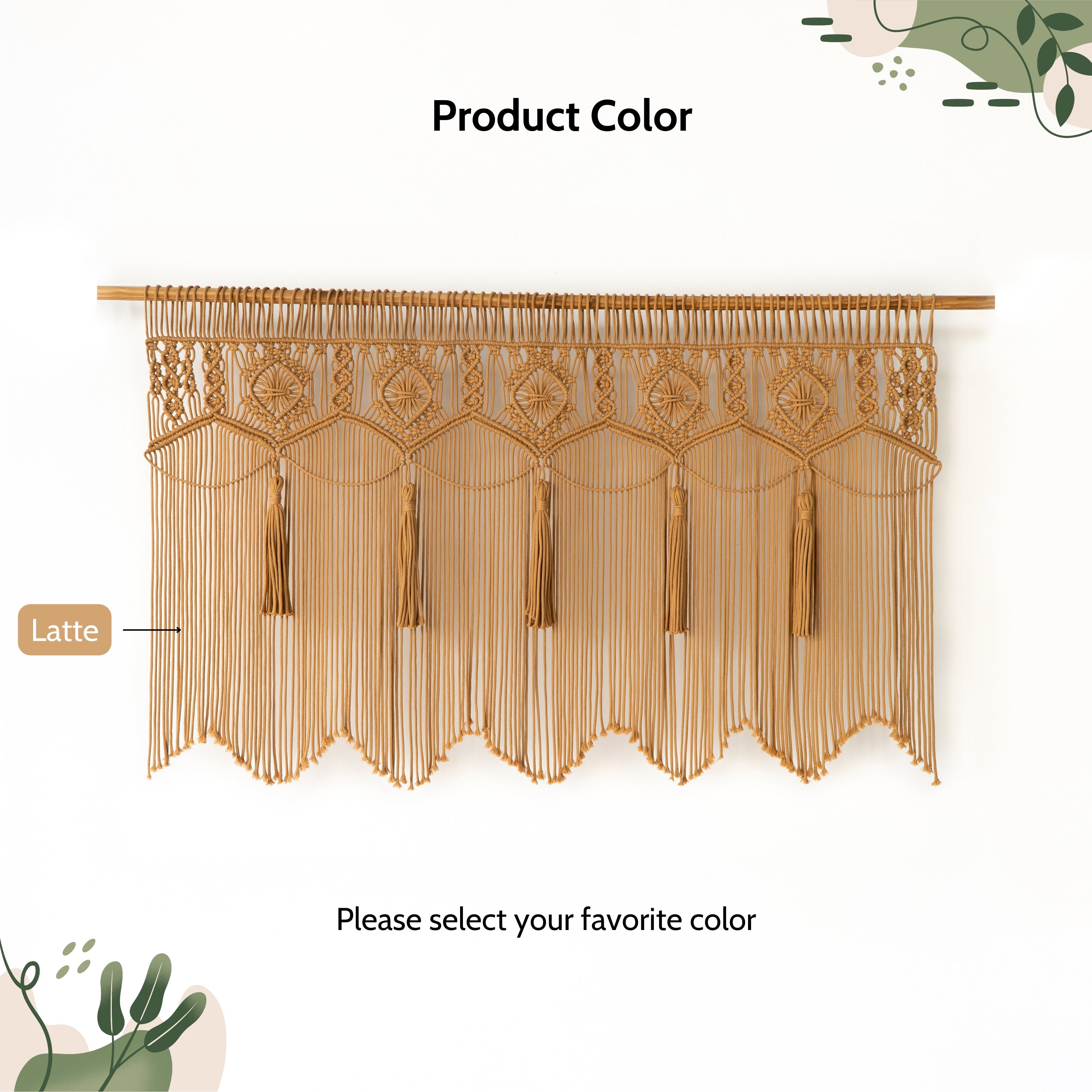 Decorative curtain with tassels in latte color on a white background