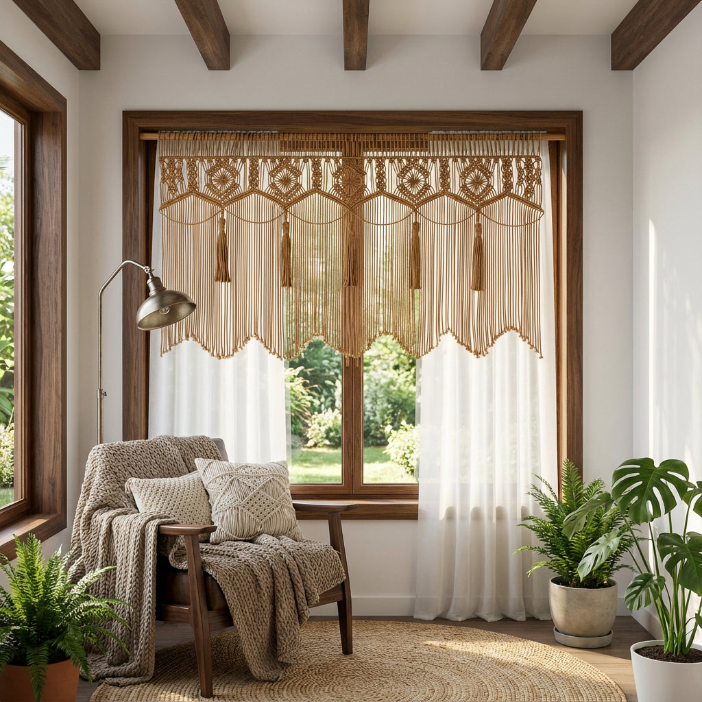 Living room with a decorative window treatment, chair, and plants.