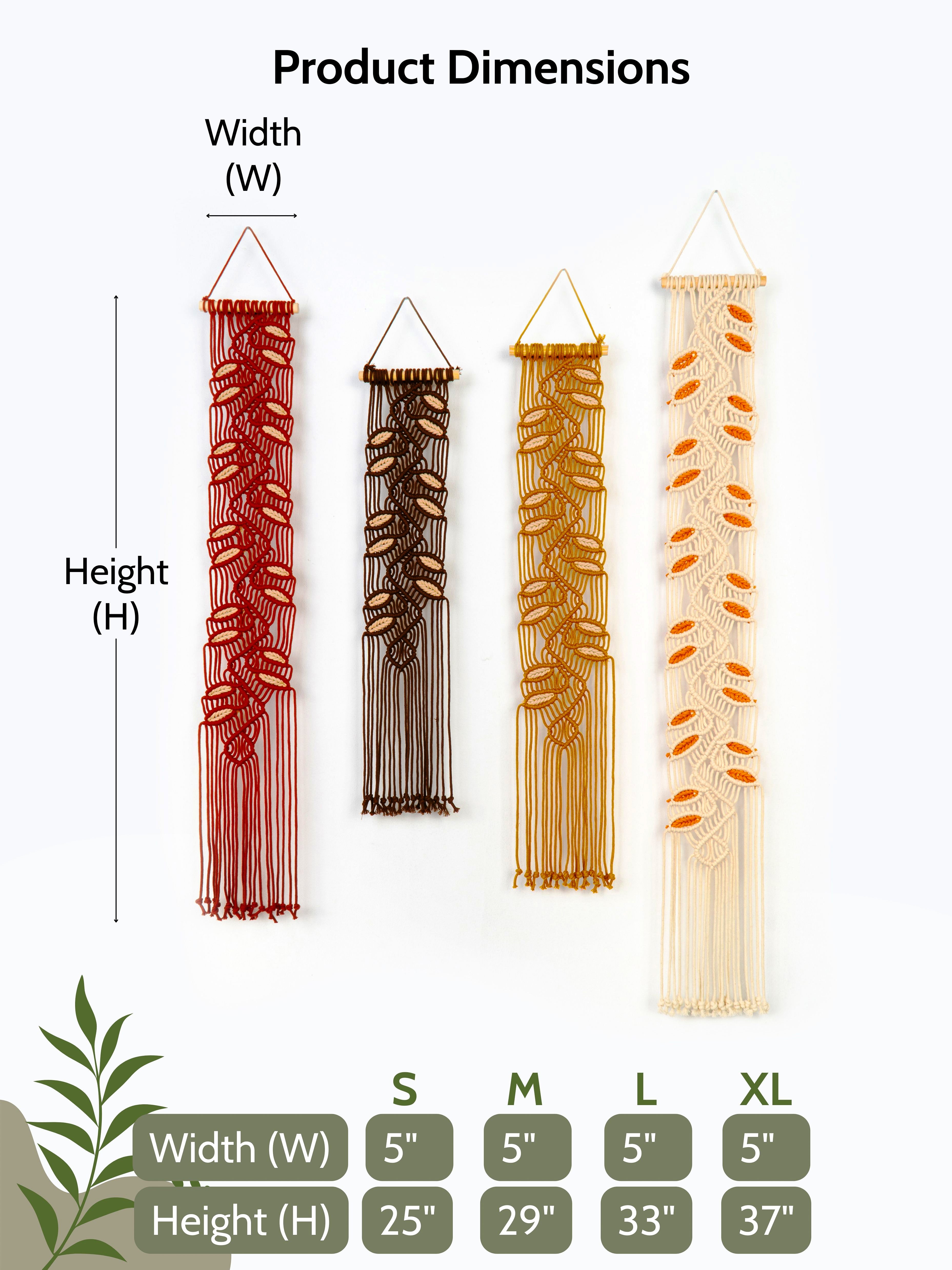 Product dimensions chart with four vertical hanging items and corresponding width and height measurements.