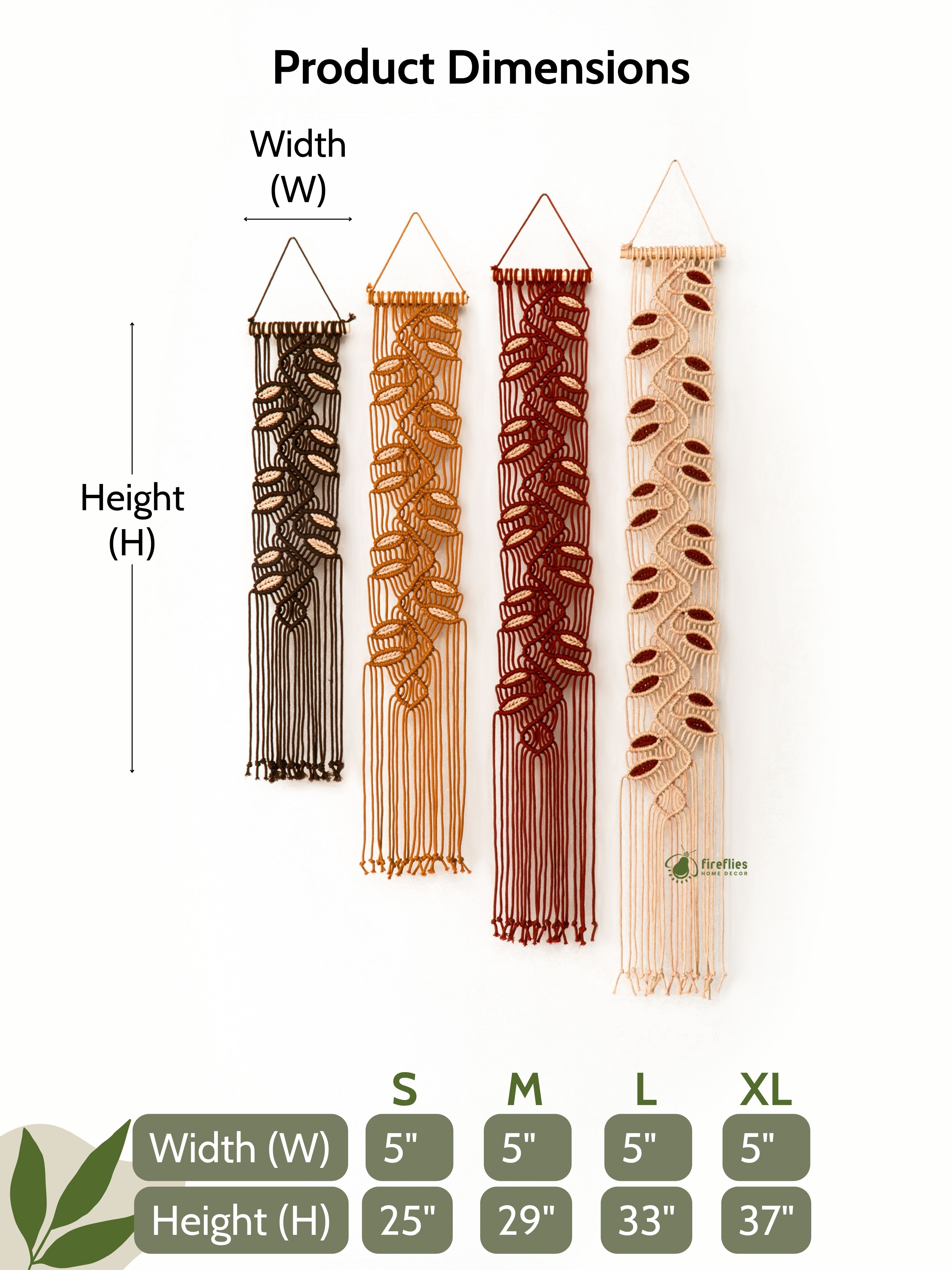 Macrame wall hangings with dimensions labeled on a white background
