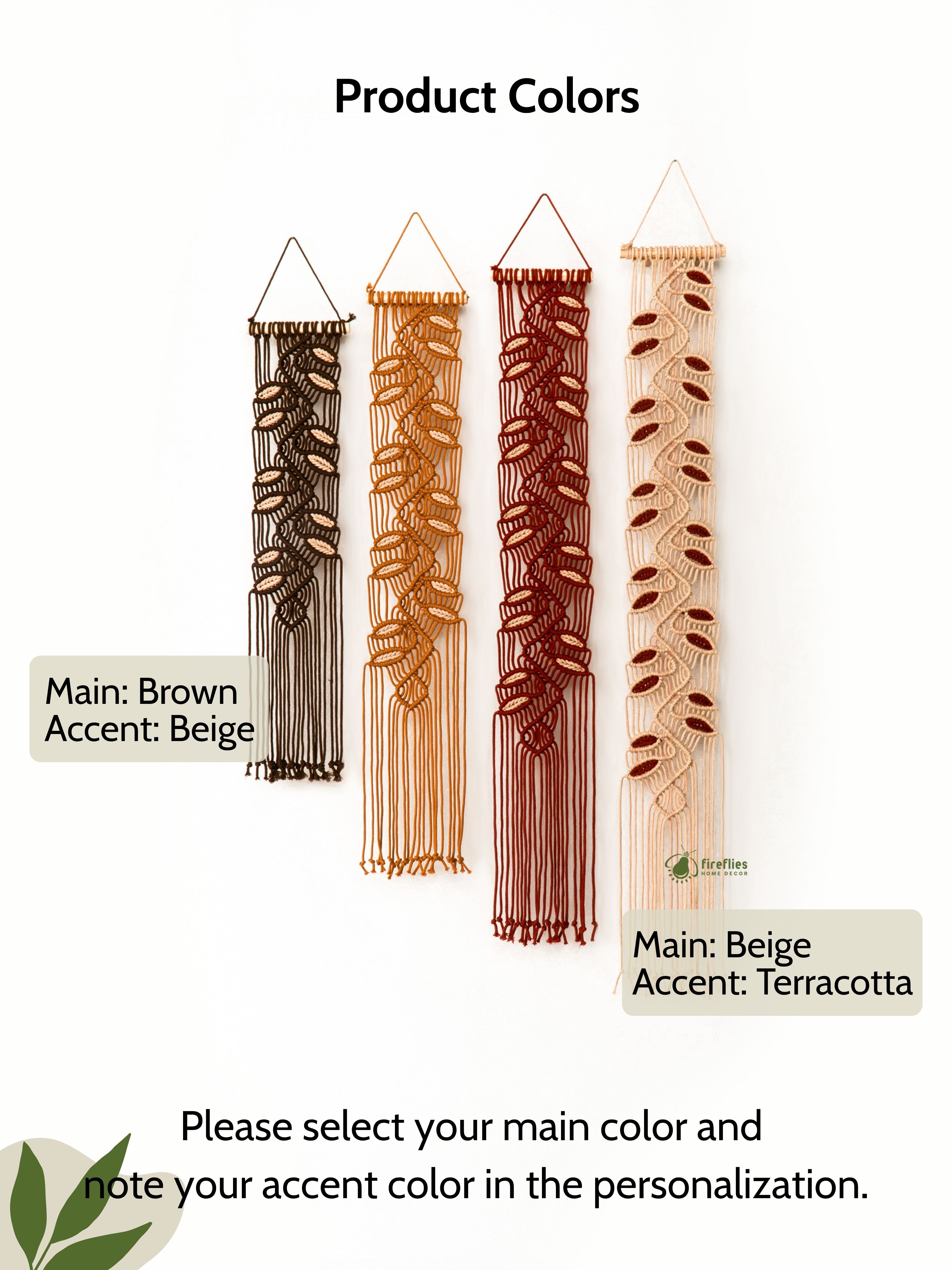 Four woven wall hangings with different color schemes on a white background