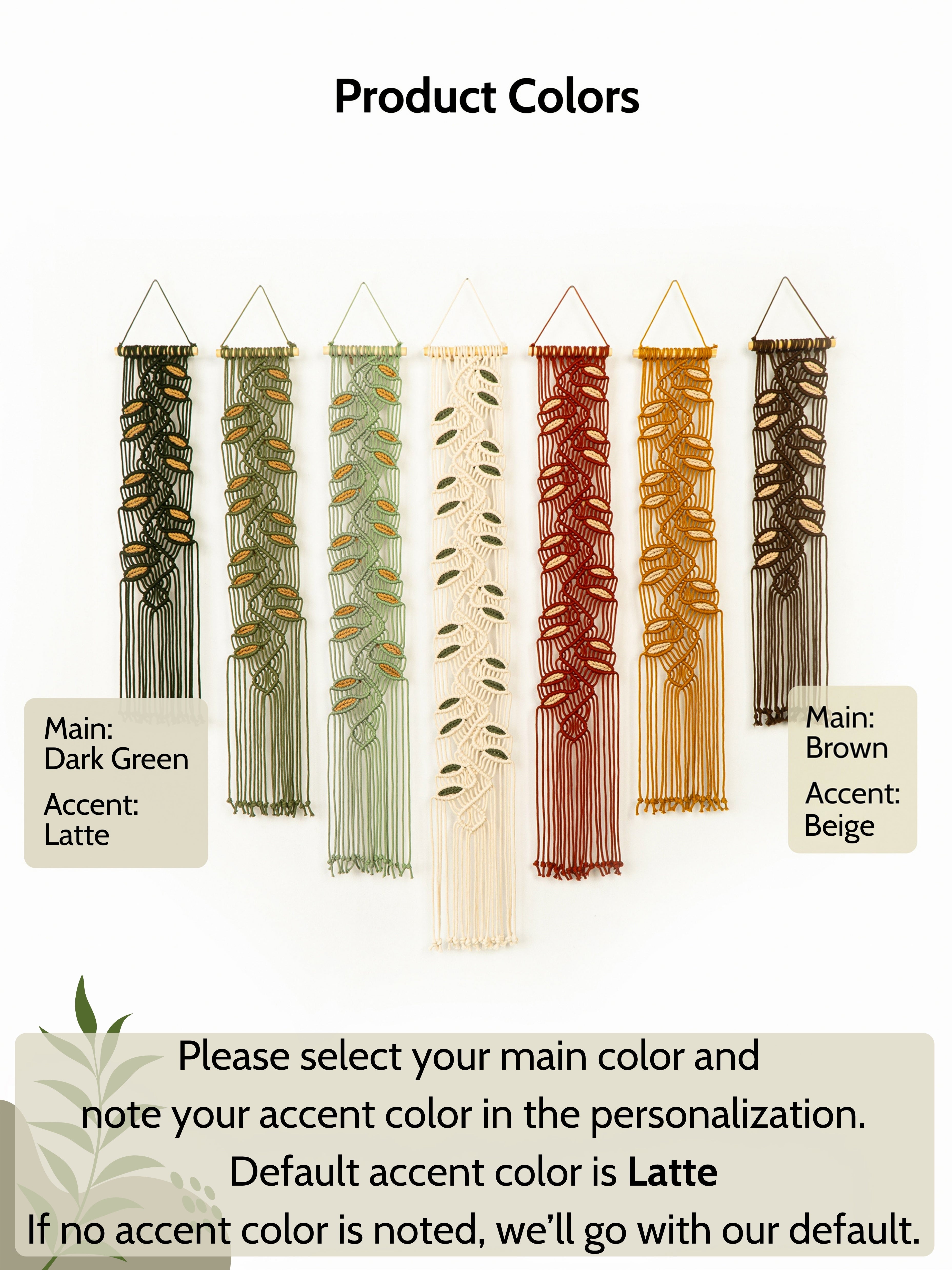 Decorative garland with leaves and tassels on a light background, featuring text about product colors.