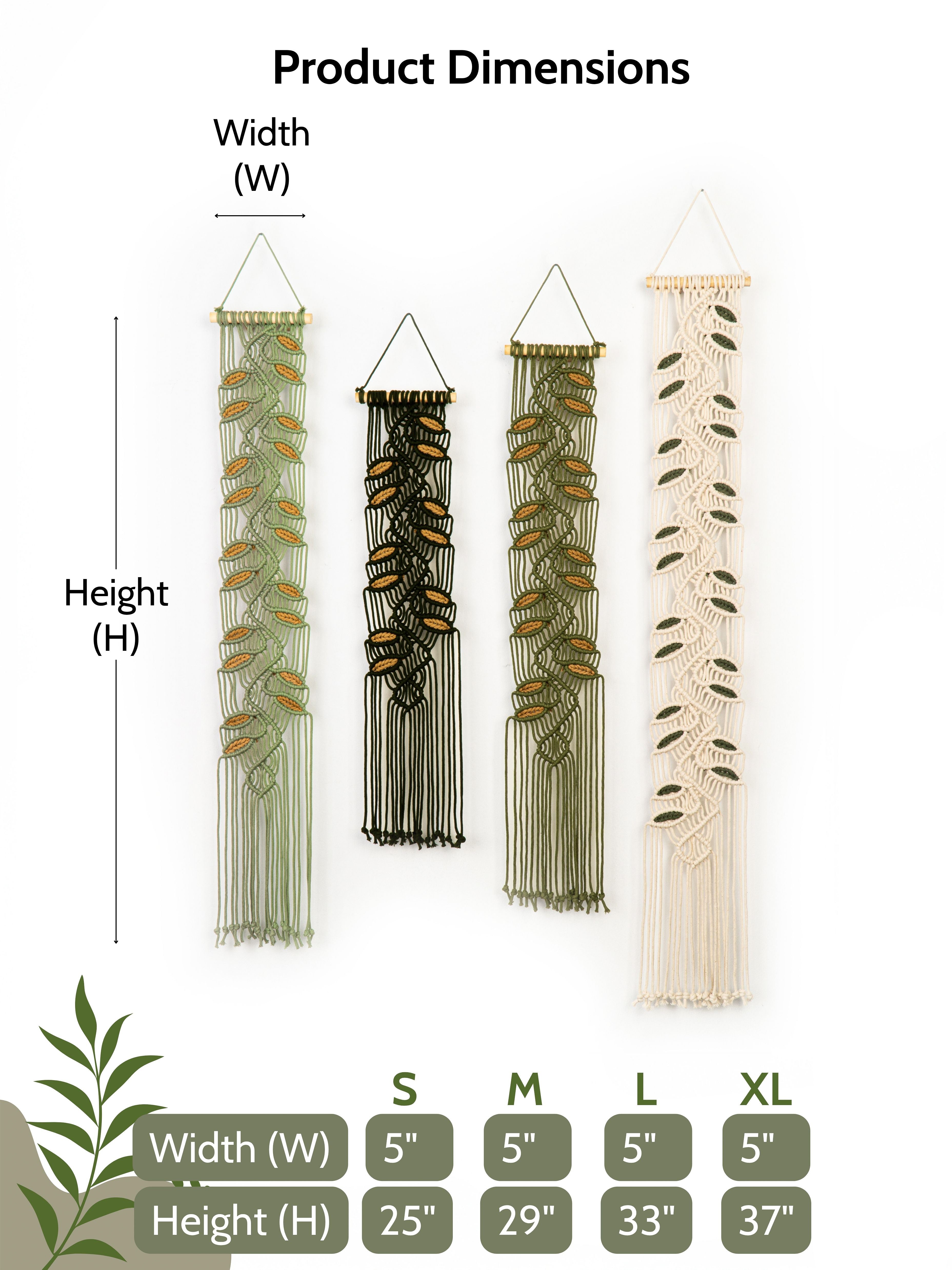 Product dimensions chart for wall hangings with measurements and size options.