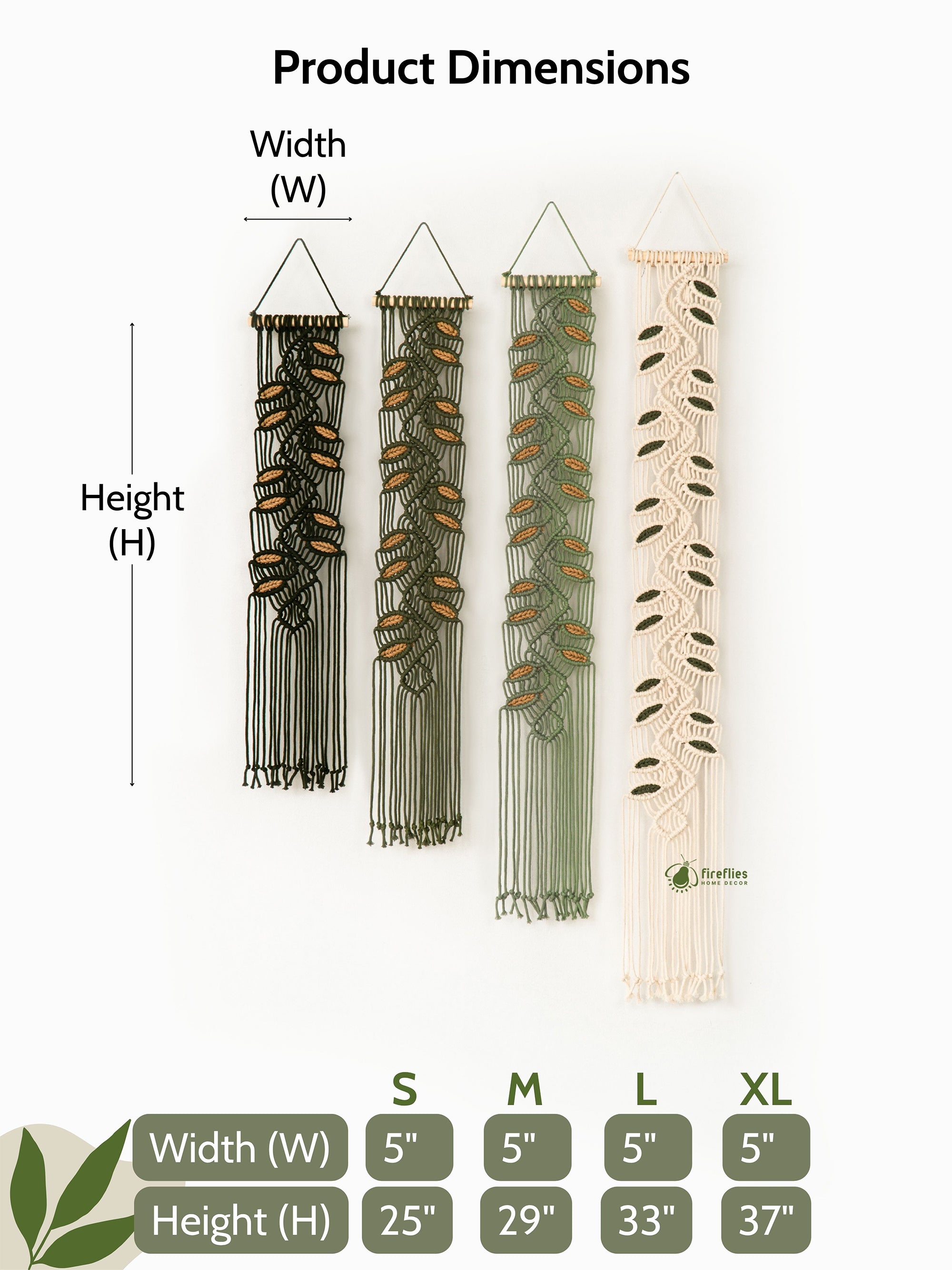 Product dimensions chart for wall hangings with measurements and size labels.