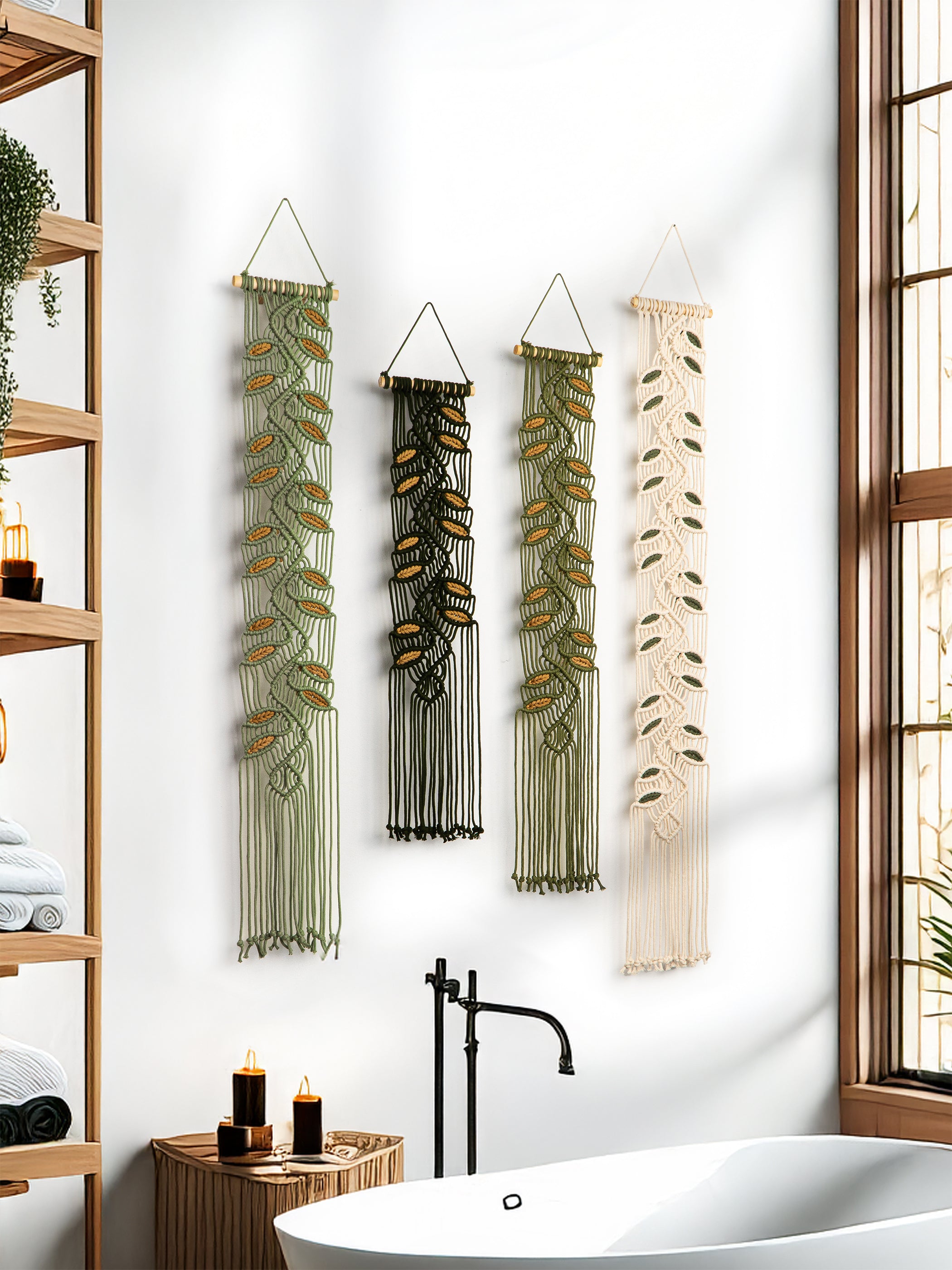 Decorative wall hangings in a bathroom setting with a bathtub and shelves.