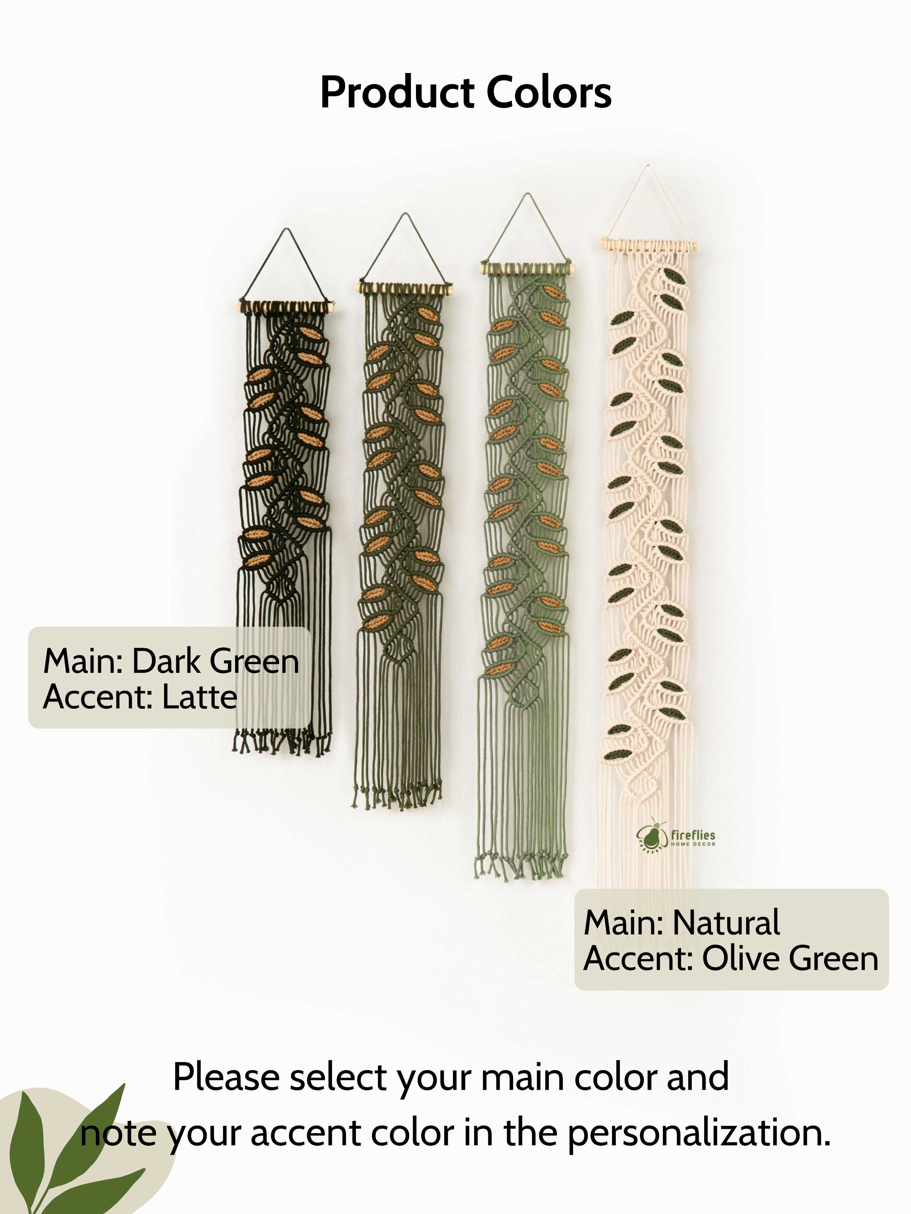 Macrame wall hanging with leaf patterns in a latte color on a white background