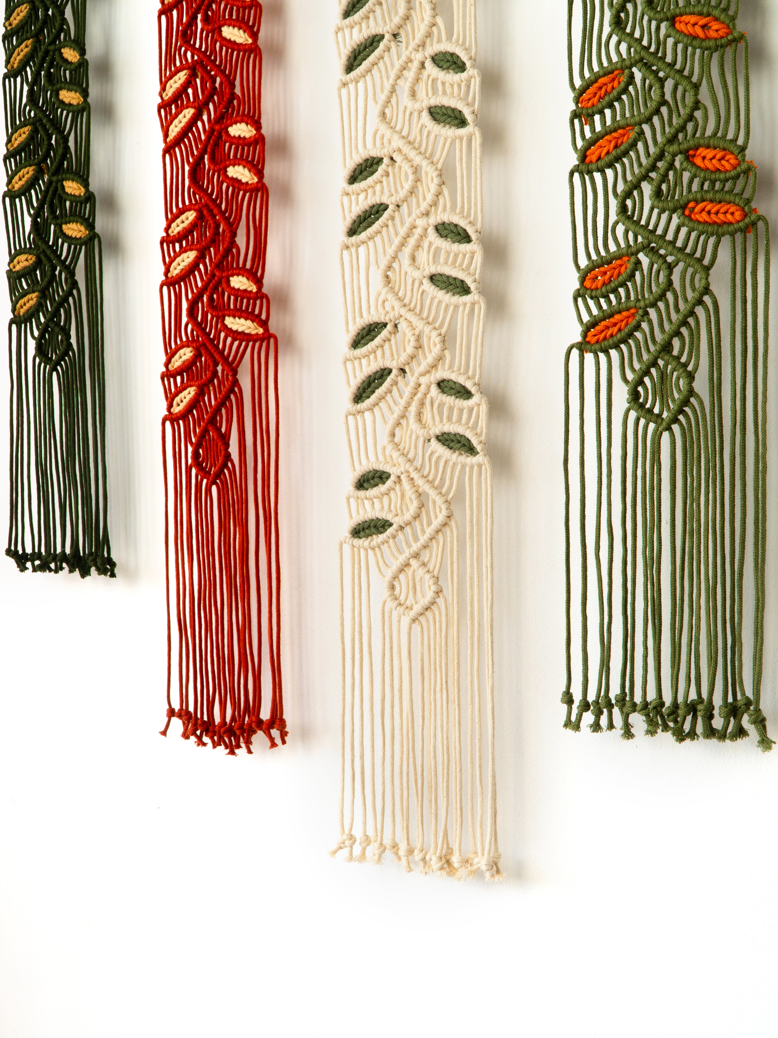 Four macrame plant hangers in different colors on a white background