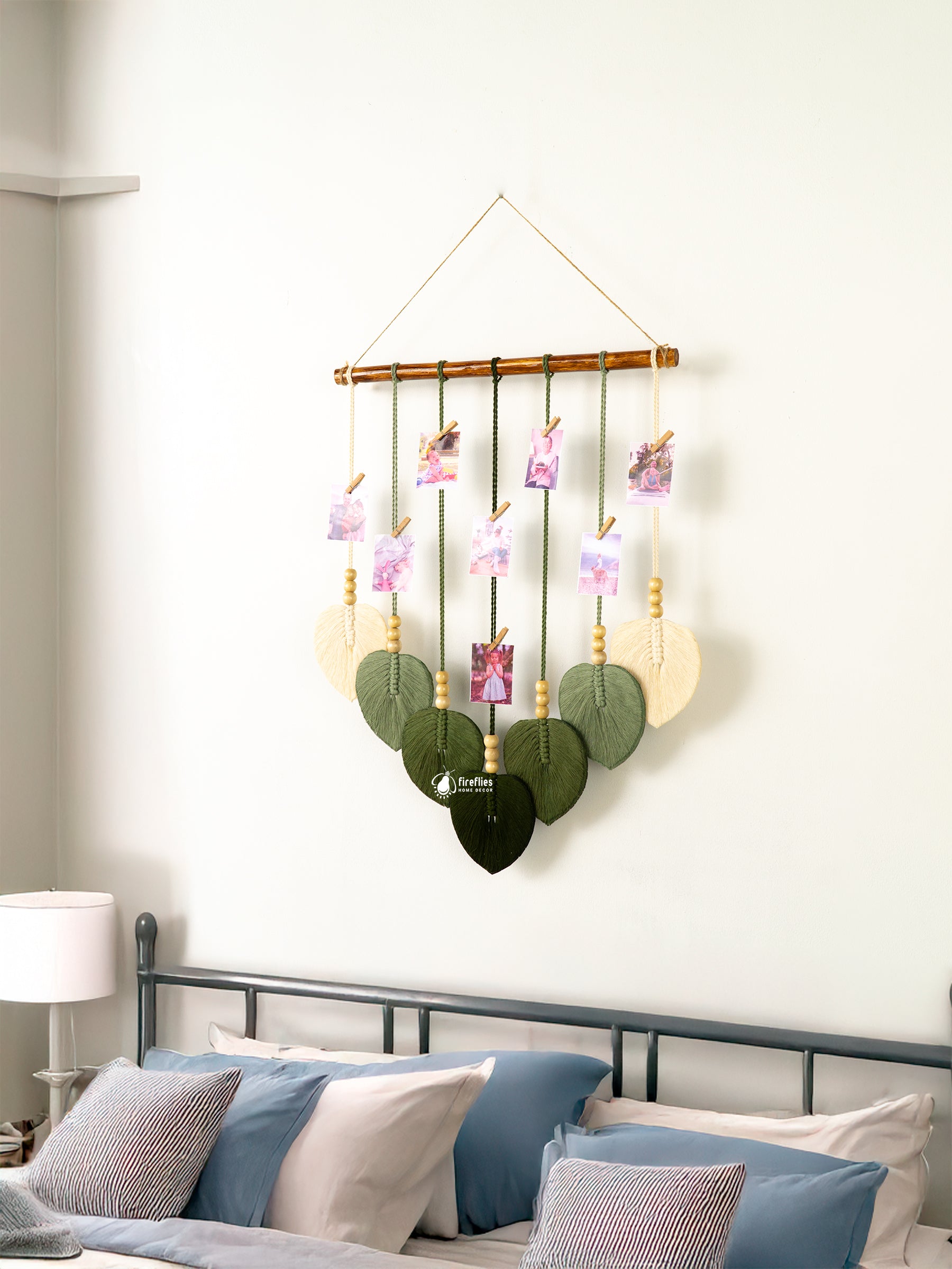 Natural macrame leaf photo display, great for minimalist homes, a space to keep memorable images.
