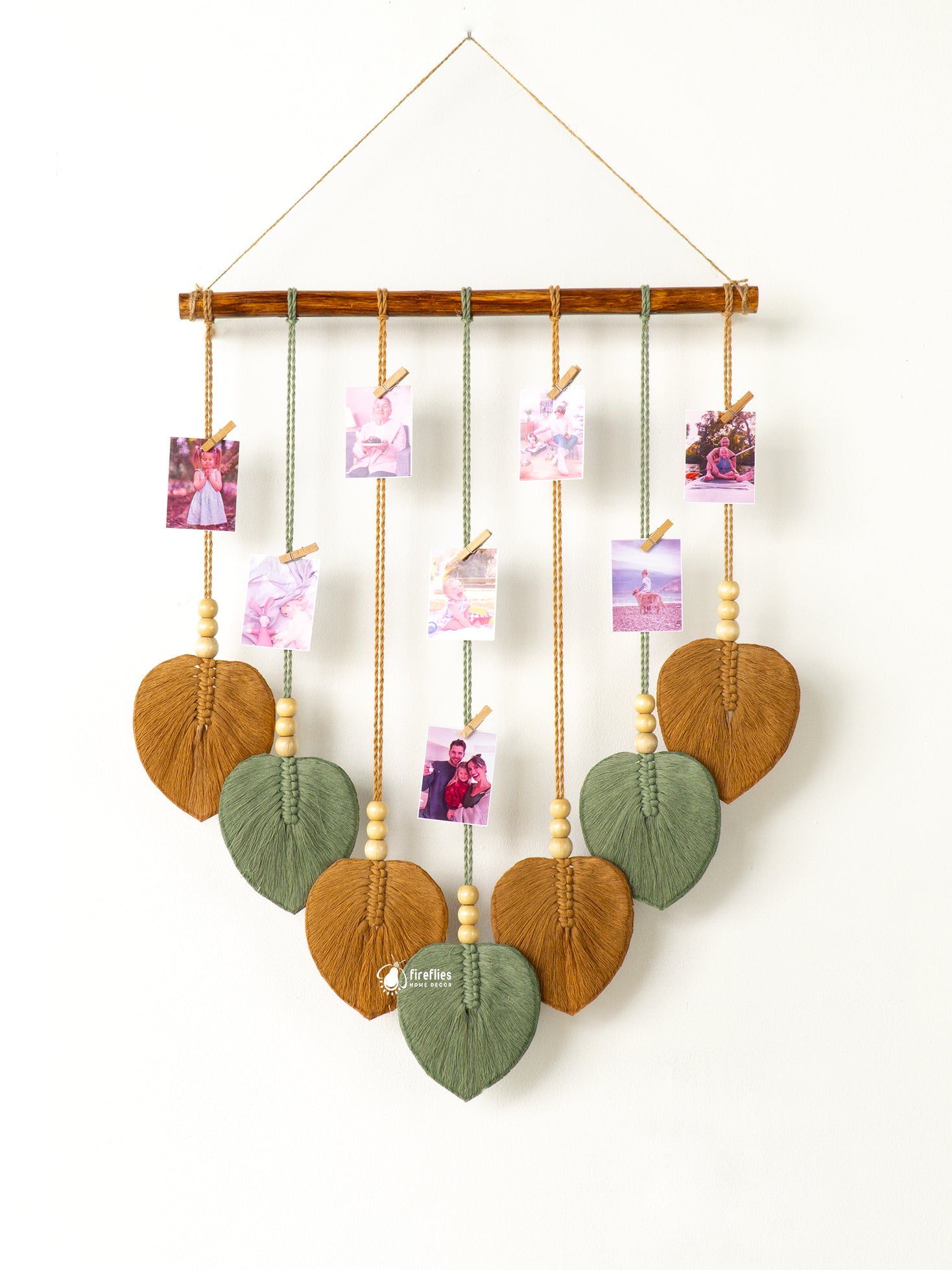 Boho-style Macrame Leaf Wall Hanging Photo Display, a perfect choice for earthy or minimalist spaces to keep cherished memories close.
