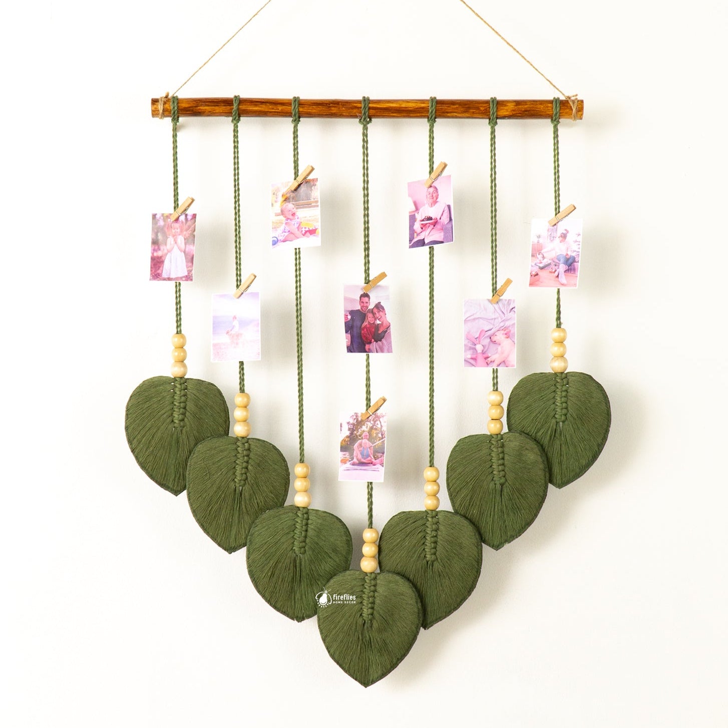 Natural macrame leaf photo display, great for minimalist homes, a space to keep memorable images.
