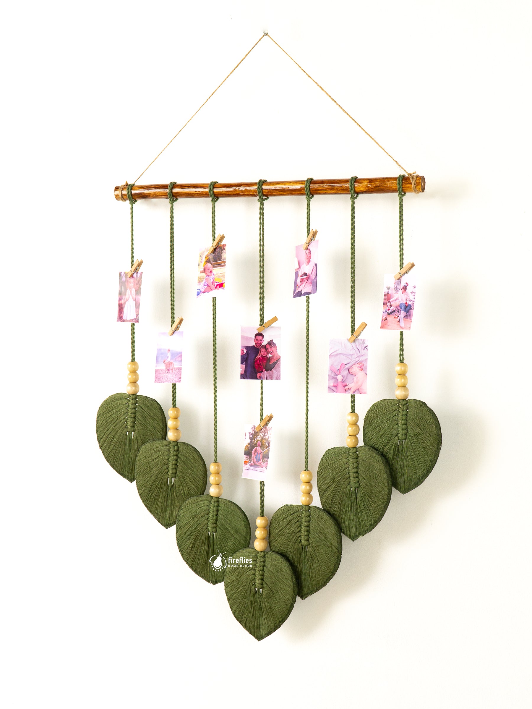 Handcrafted Macrame Leaf Wall Hanging Photo Display, ideal for modern or rustic spaces to hold treasured images.
