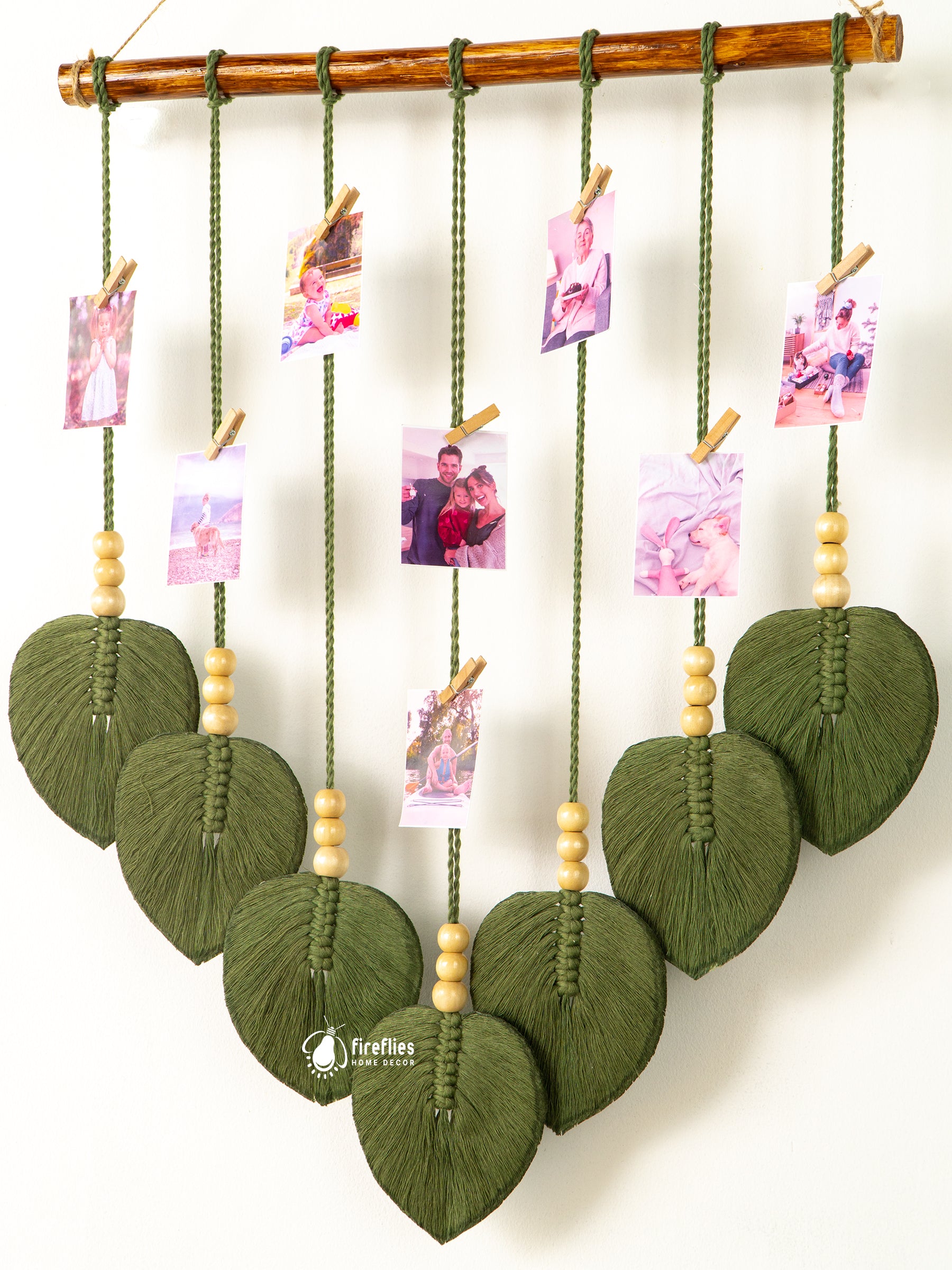 Boho-style Macrame Leaf Wall Hanging Photo Display, a perfect choice for earthy or minimalist spaces to keep cherished memories close.
