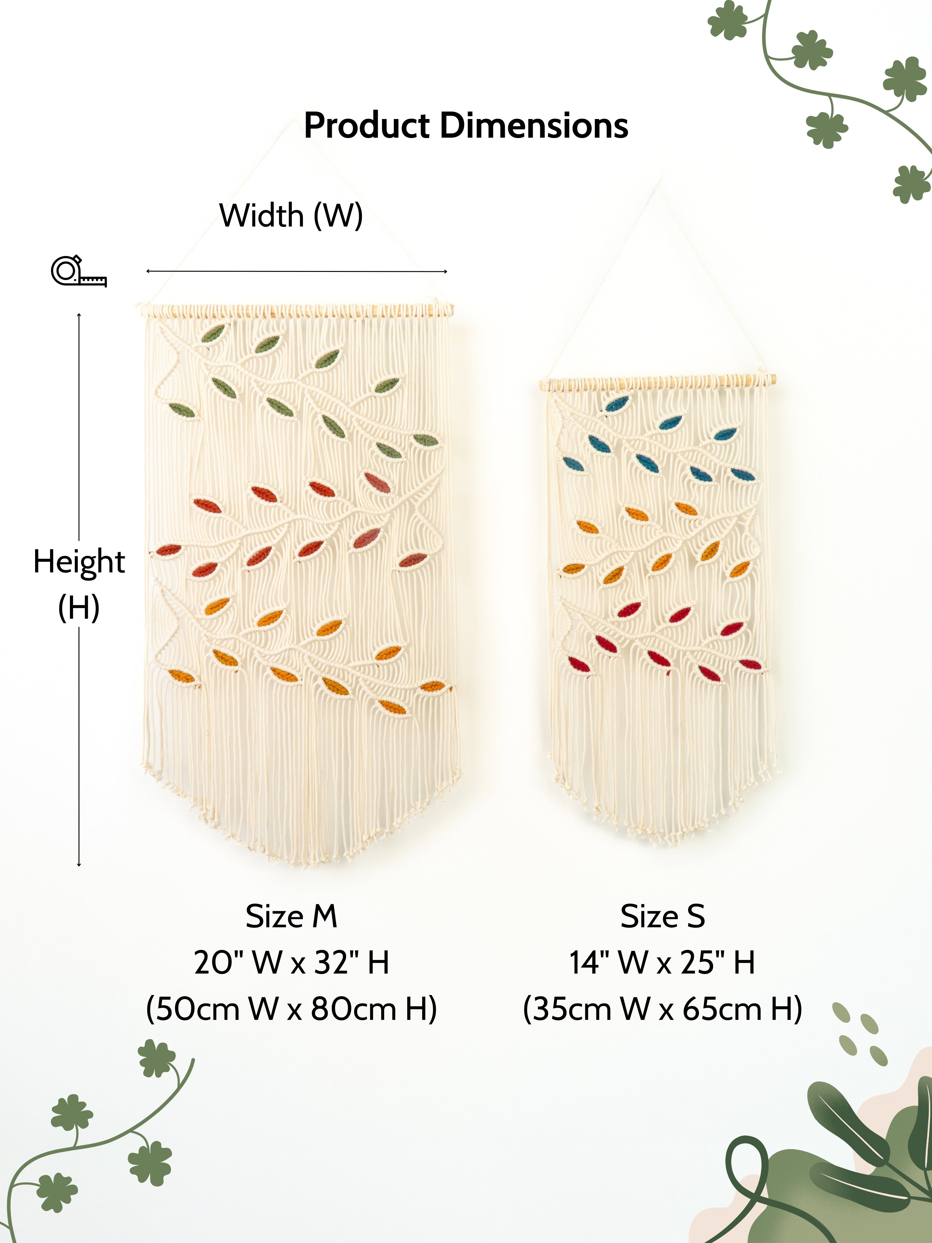 Dimensions of two wall hangings with leaf patterns on a white background.