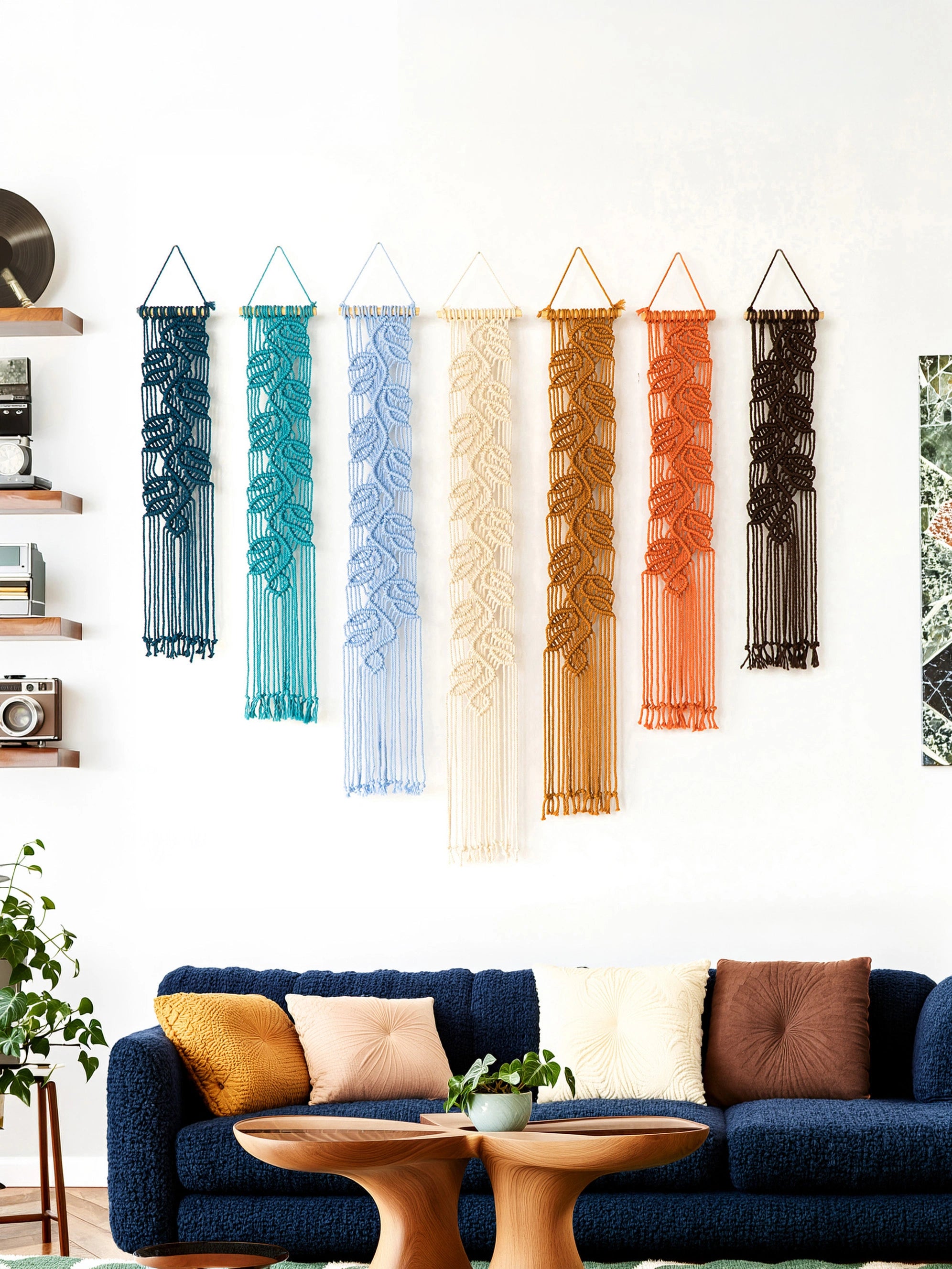 Six woven macrame wall hangings in different colors are displayed on a white wall above a blue sofa in a styled living room.